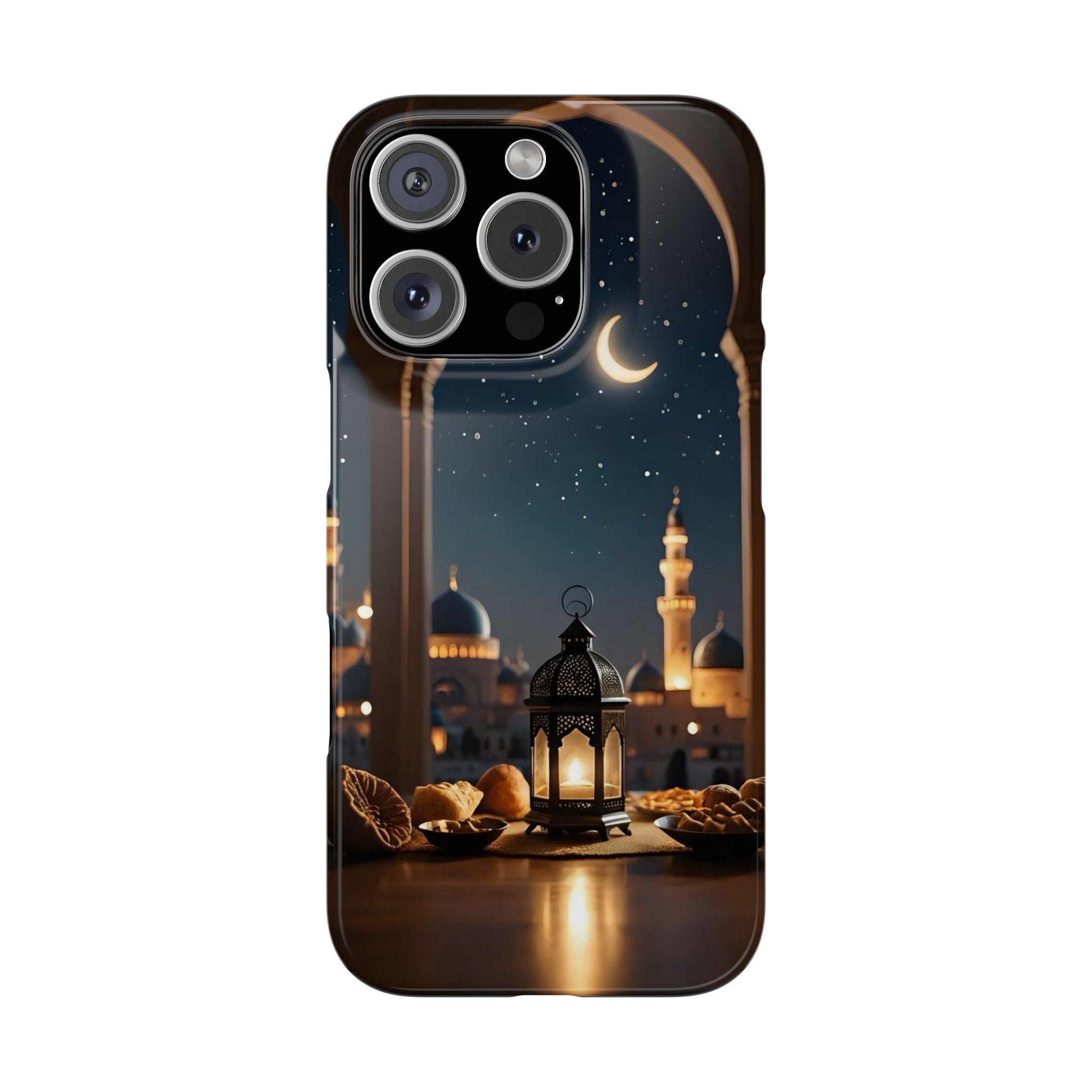 Ramadan Kareem Slim Phone Case, Lantern and Mosque Design with Crescent Moon, Photorealistic Night Sky and Festive Food Cover