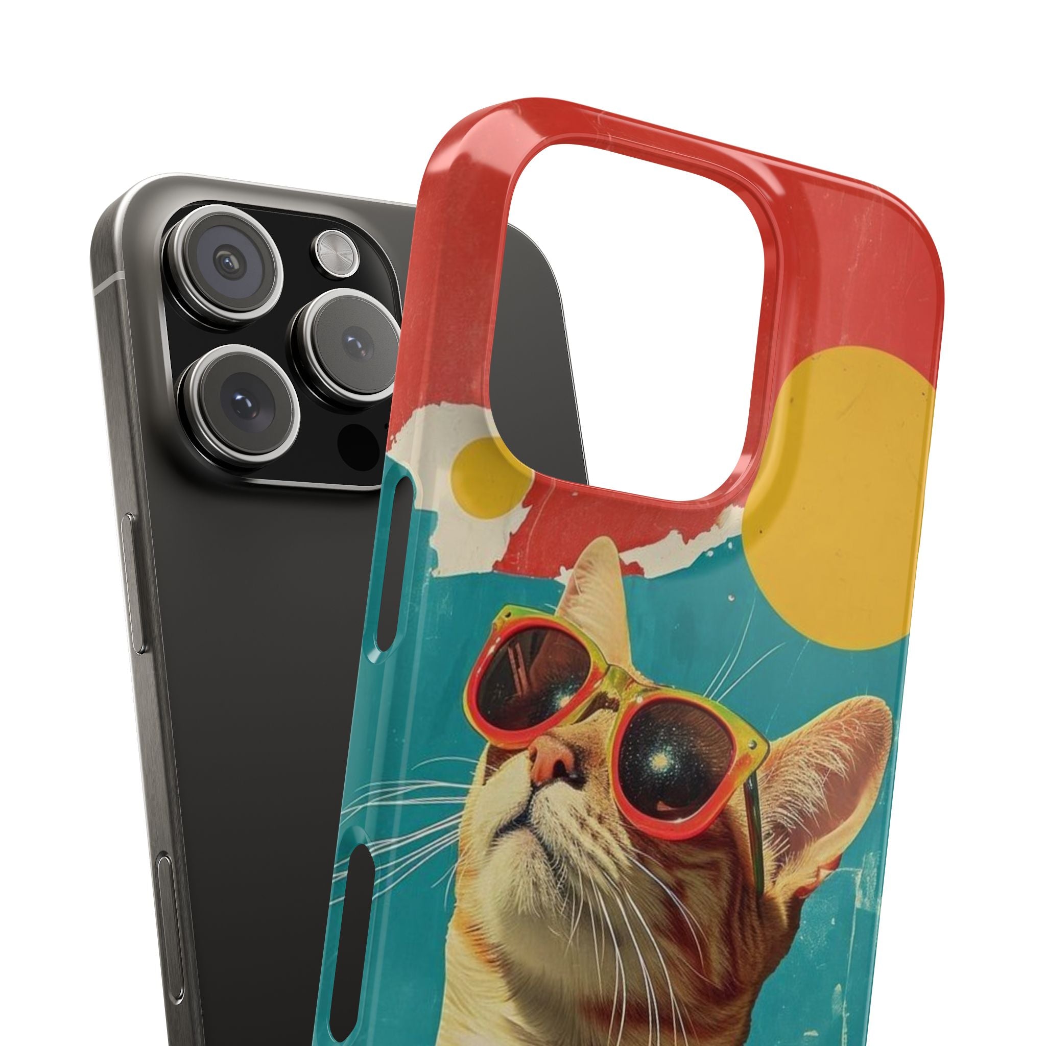 Retro Cat Slim Phone Case, Sunglasses & Floral Shirt Design, Vintage Poster Style with Vibrant Colors and Sun Background