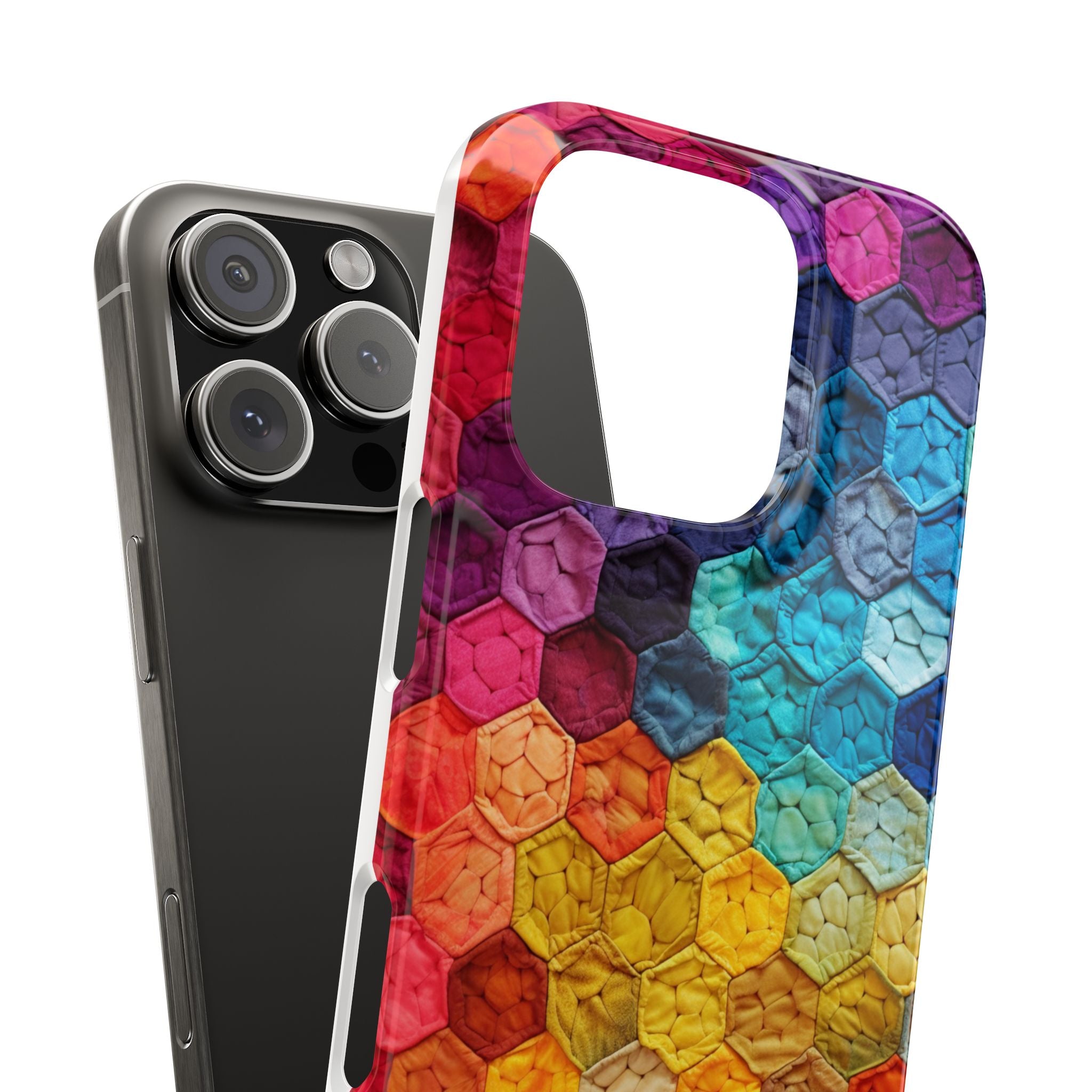 The Chromatic Hexagons, Phone Cover Slim Case with a 3D effect, Colorful Tapestry, Textured Formation, iPhone