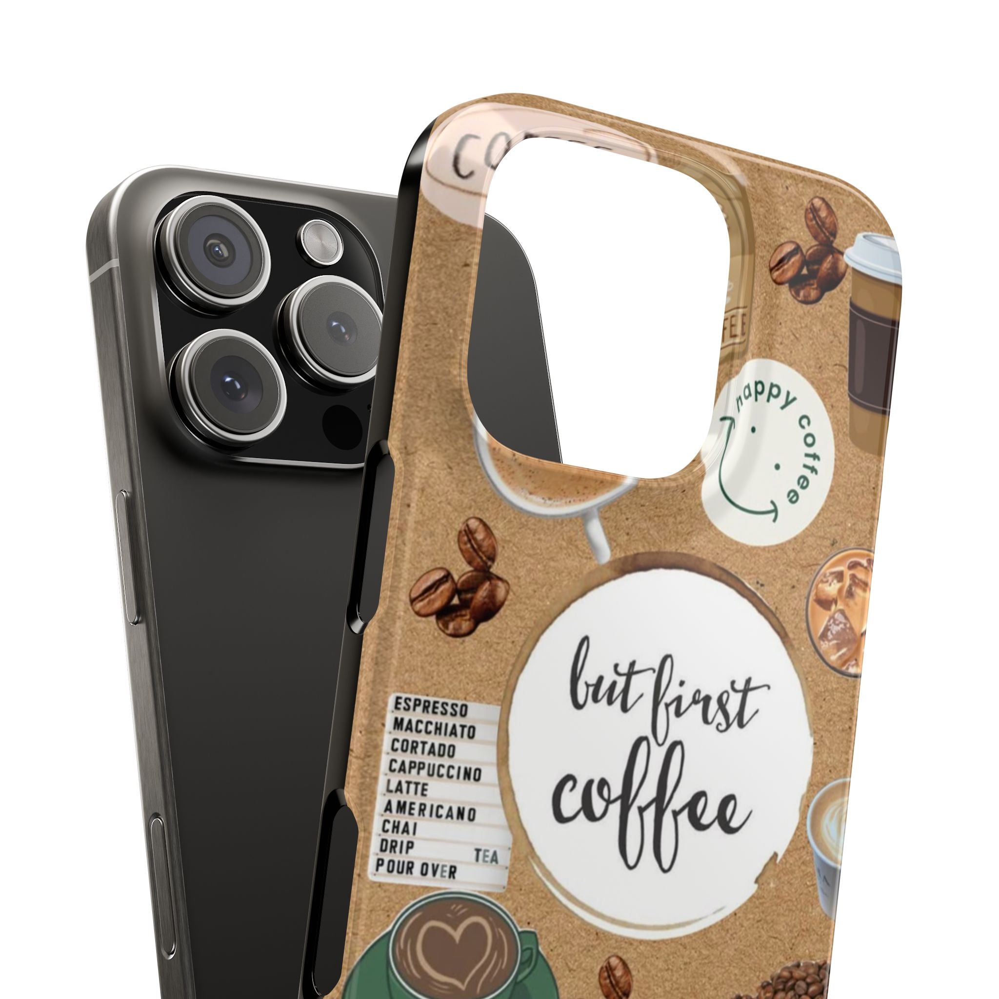 But First, Coffee Slim Phone Case, Espresso and Cappuccino Collage Design, Hand-Drawn Bean Illustrations on Beige Background
