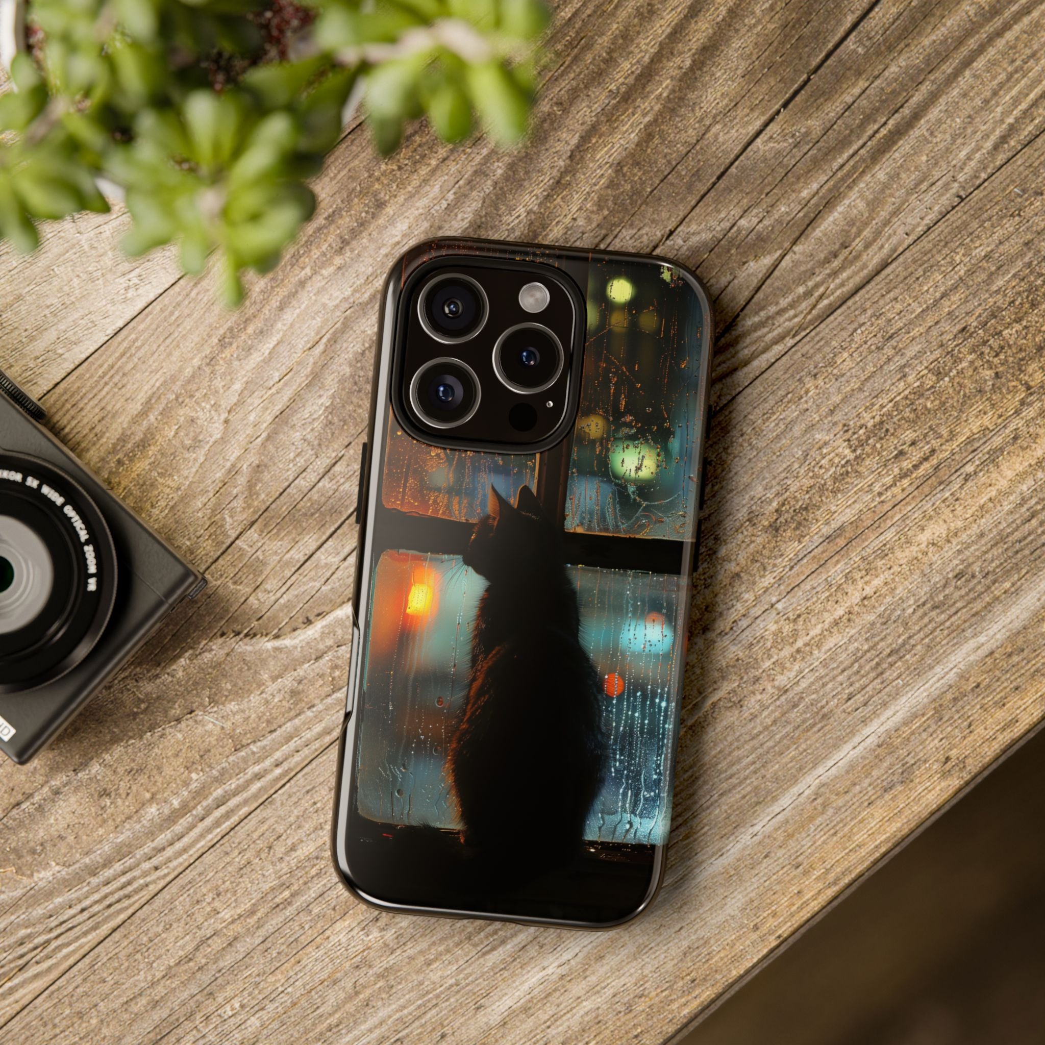 Phone Case, Cat on Windowsill City Night Silhouette Xmas Time, Tough Cover, Protective Case, Holiday Gift, Christmas Present