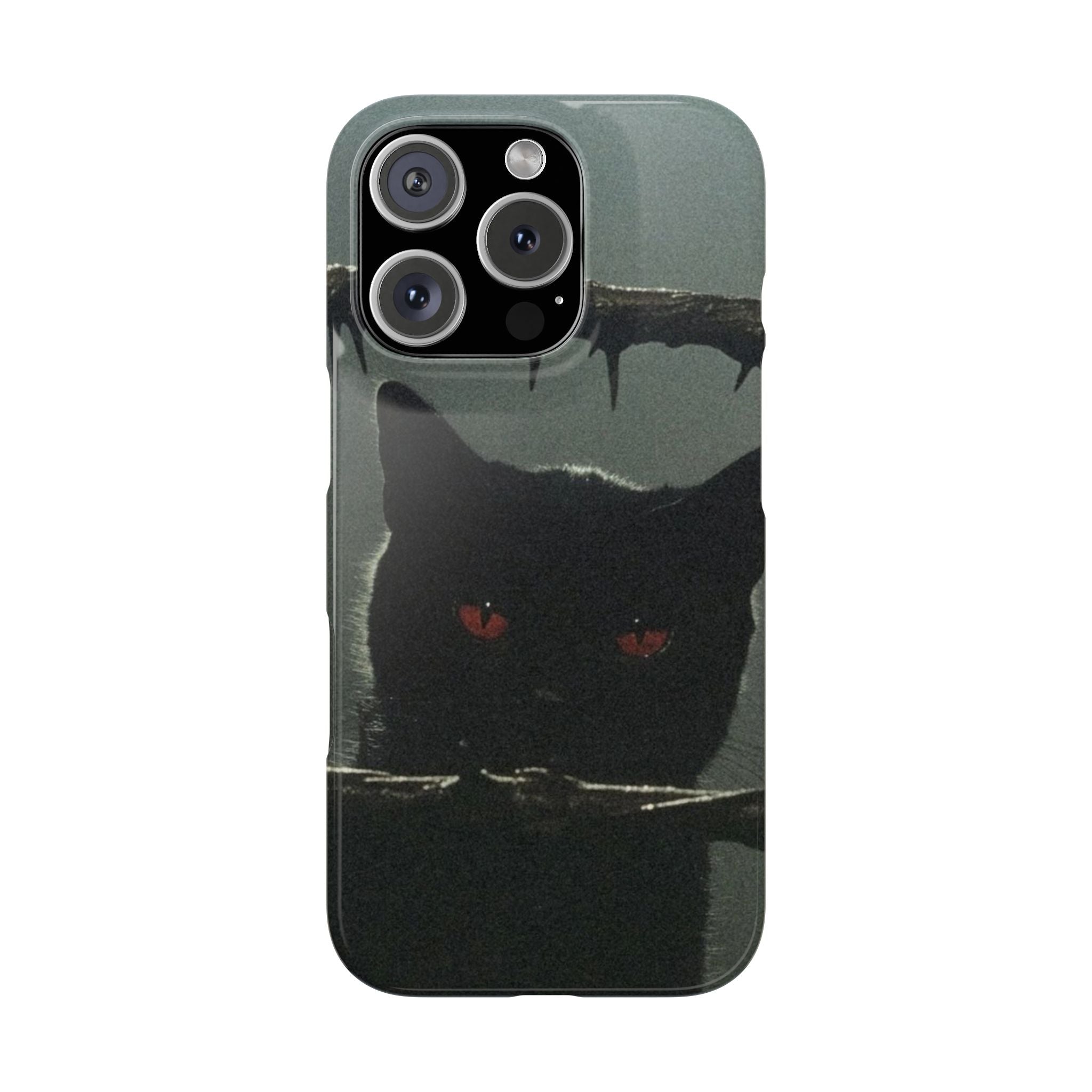 Cat on Iron Fence Slim Phone Case, Black Cat with Red Eyes Halloween Themed Cover, Spooky Themed Halloween Phone Case, Gothic Cat Themed