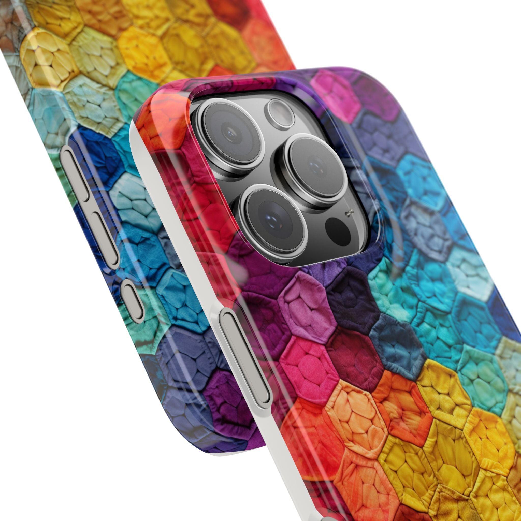 The Chromatic Hexagons, Phone Cover Slim Case with a 3D effect, Colorful Tapestry, Textured Formation, iPhone