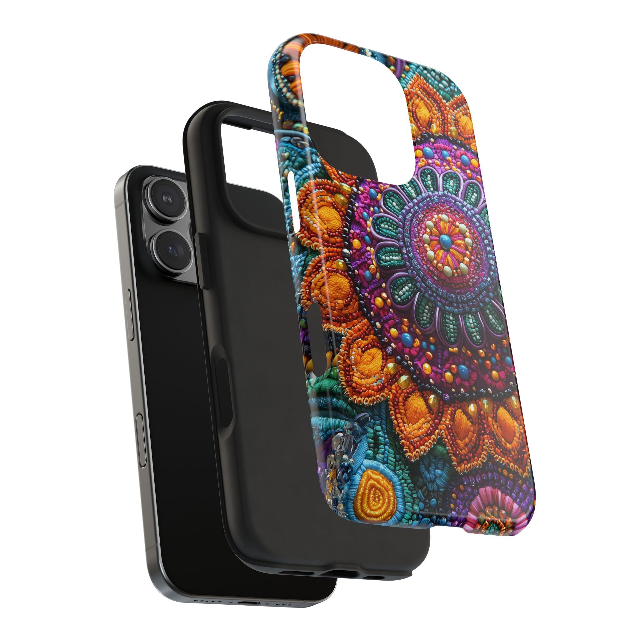 Phone Case - Vibrant Mandala Pattern, Dots, Circles, Hippie Pearls, Orange, Teal, Blue Colors