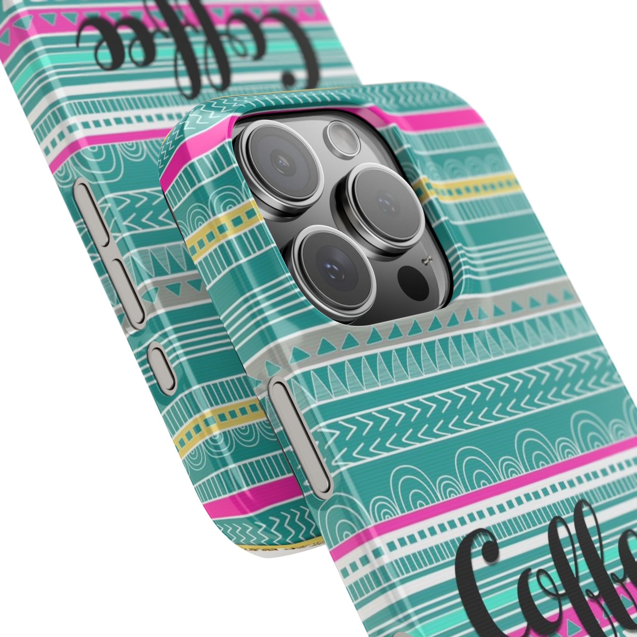 Boho Slim Phone Case, Coffee Before Talkie, Teal Pink Yellow, Protective Cover, Gift for Coffee Lover, Trendy Phone Accessory