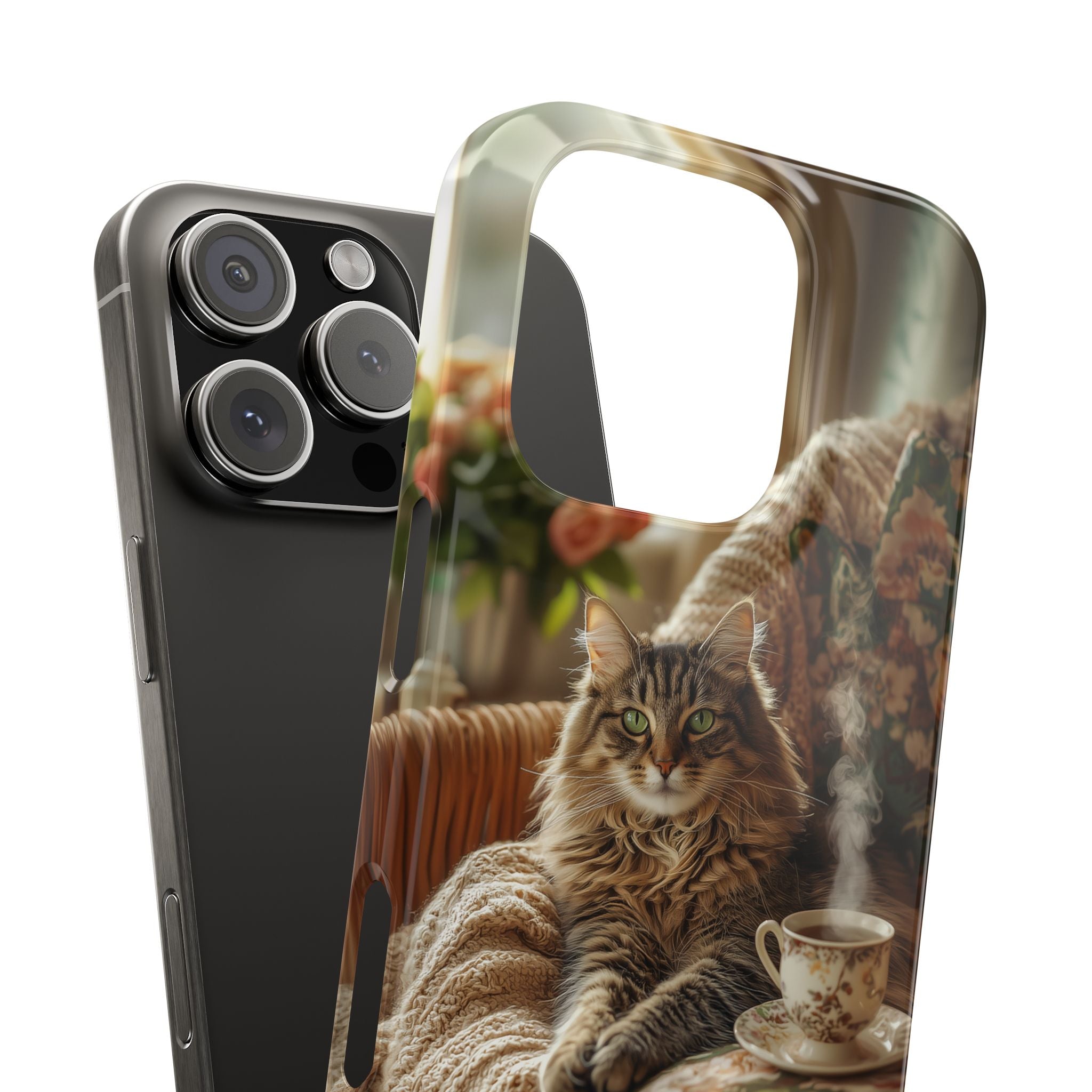 Tabby Cat Slim Phone Case, Vintage Floral Sofa Design, Cozy Cottage Interior Phone Cover, Green Eyed Cat, Rustic Home Decor, Knitted Throw