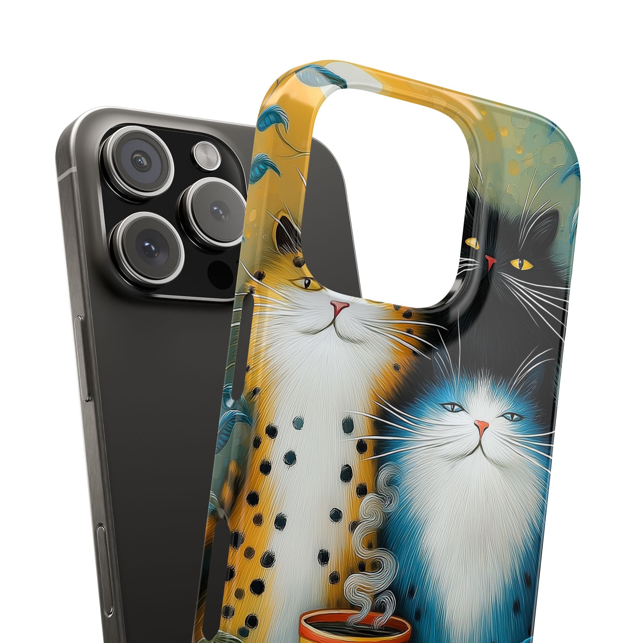 Cat Trio Coffee Break Slim Phone Case, Yellow Blue Floral Cat Lover Gift, Cute Cat Phone Cover, Coffee Lover Phone Case