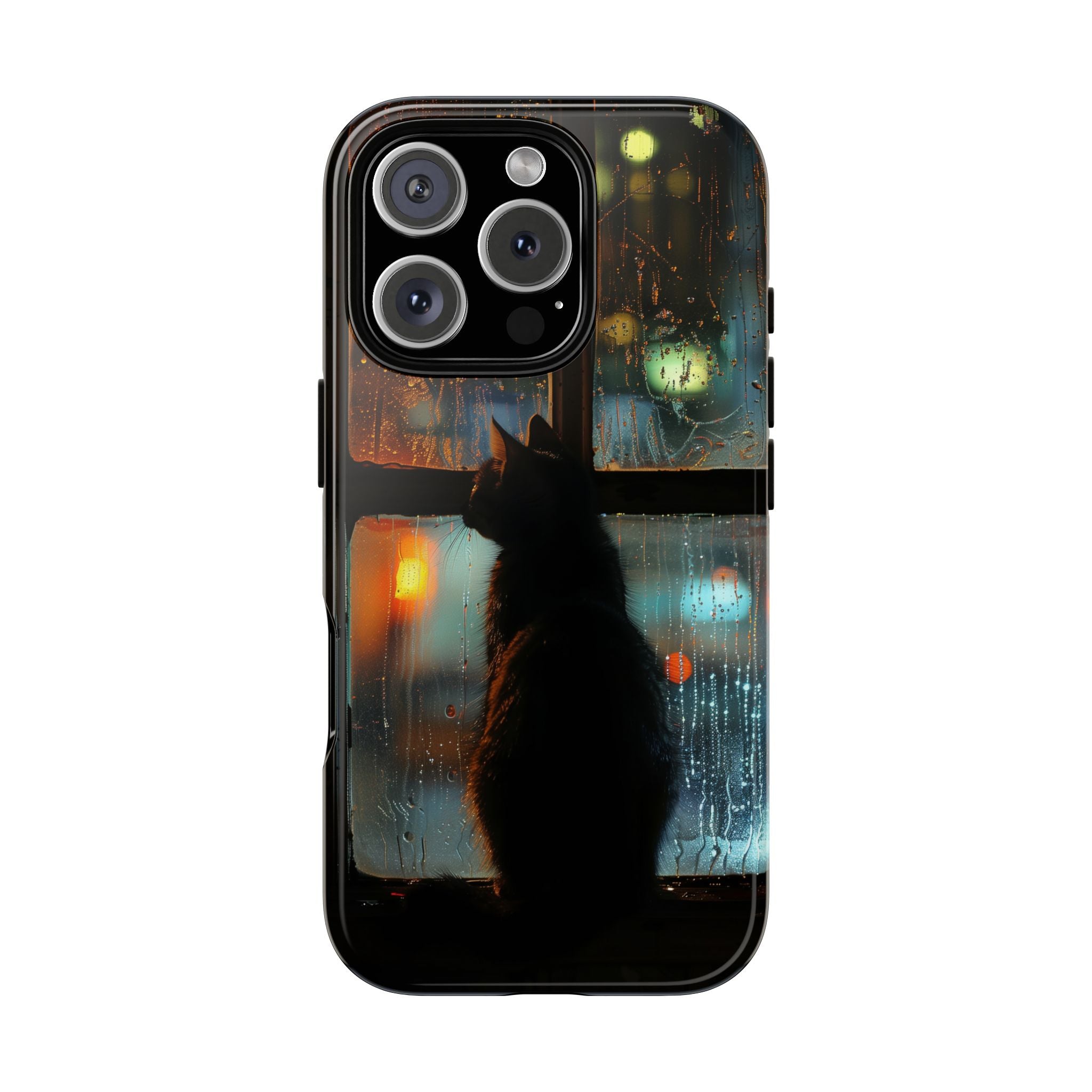 Phone Case, Cat on Windowsill City Night Silhouette Xmas Time, Tough Cover, Protective Case, Holiday Gift, Christmas Present