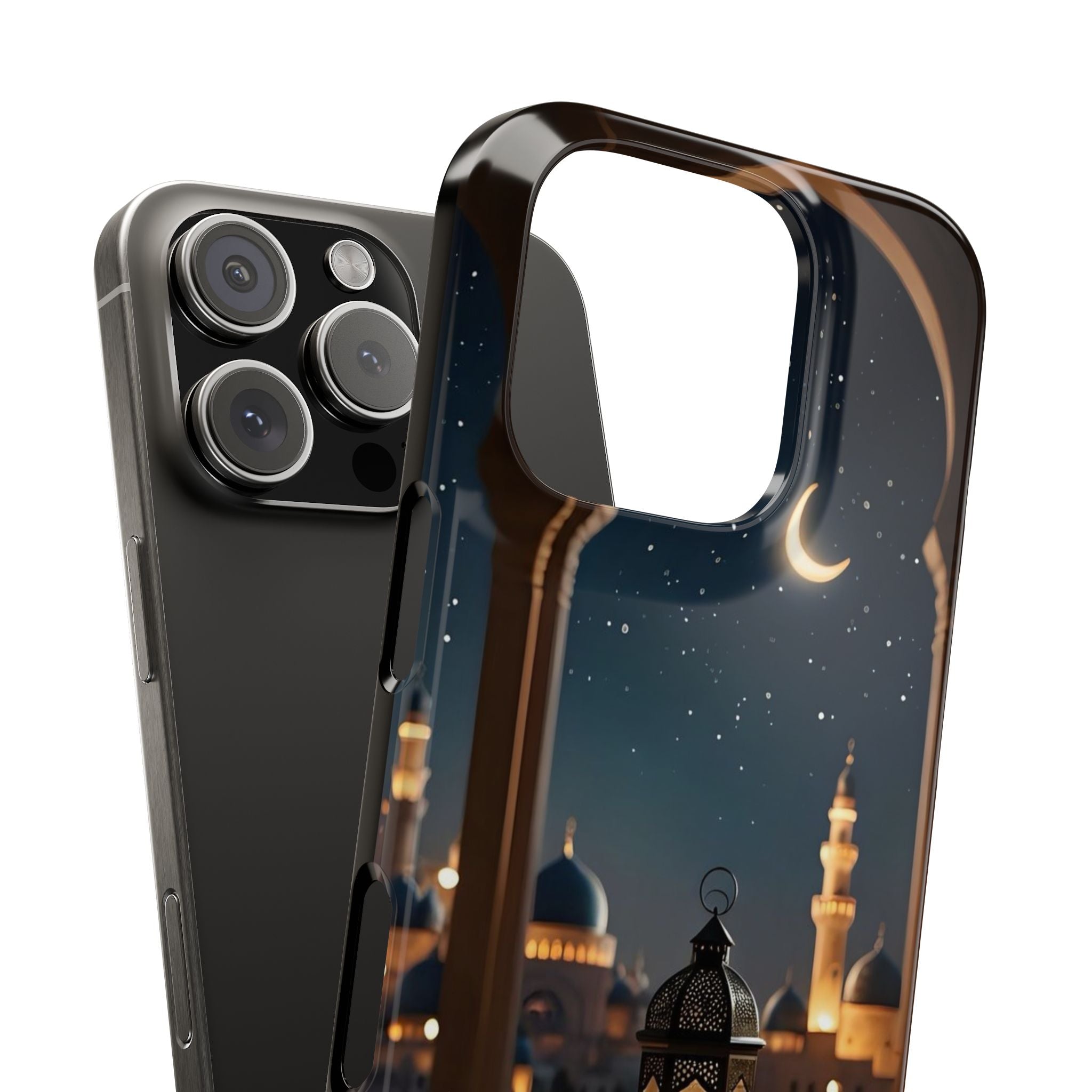 Ramadan Kareem Slim Phone Case, Lantern and Mosque Design with Crescent Moon, Photorealistic Night Sky and Festive Food Cover