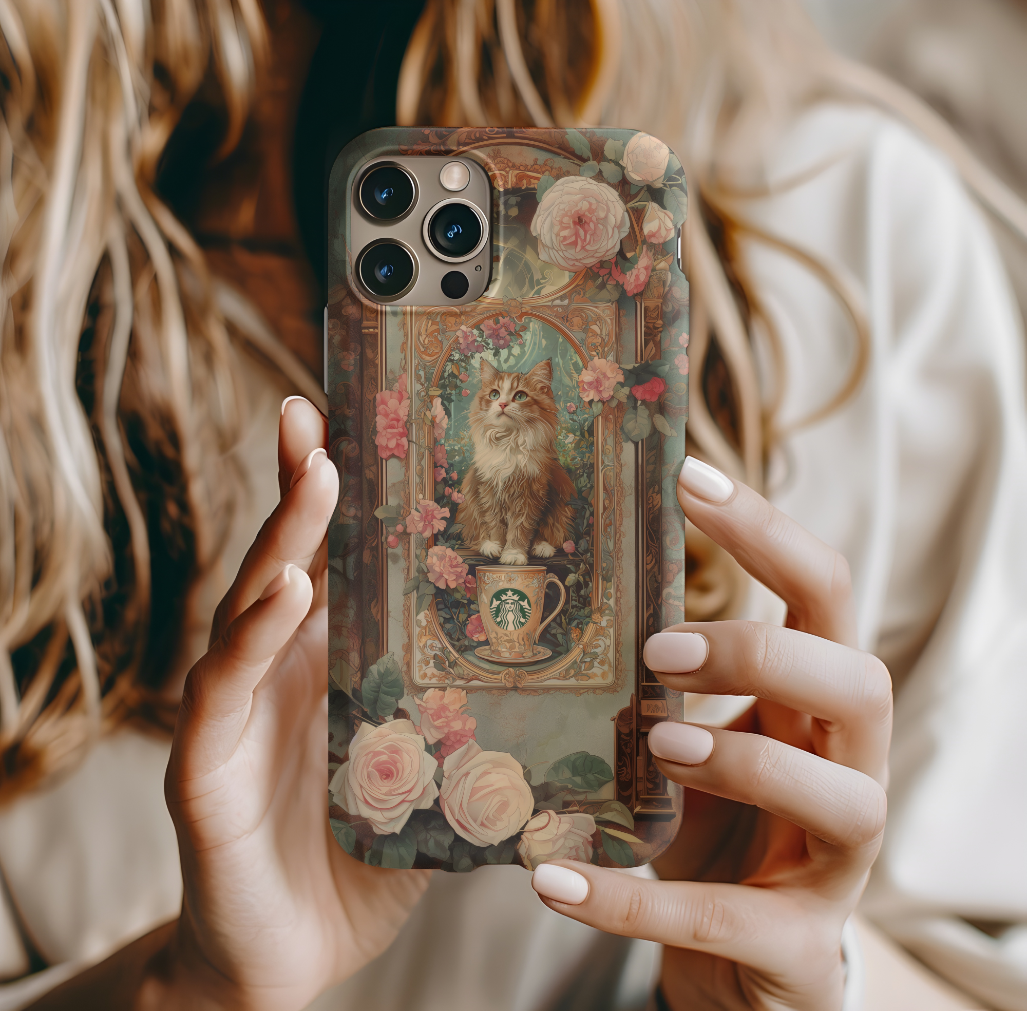 Phone Case - Alphonse Mucha Coffee Cat Art Nouveau Design