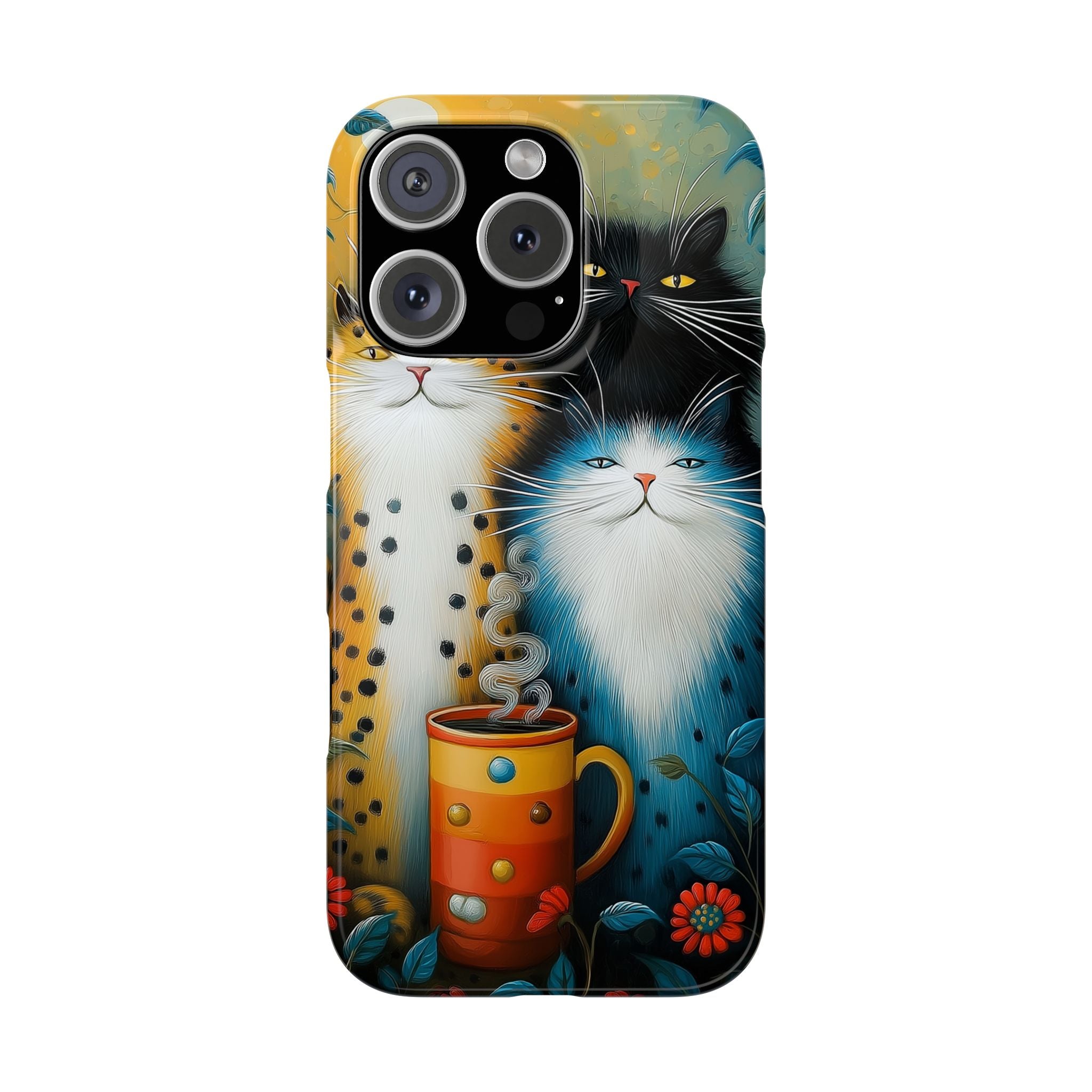 Cat Trio Coffee Break Slim Phone Case, Yellow Blue Floral Cat Lover Gift, Cute Cat Phone Cover, Coffee Lover Phone Case