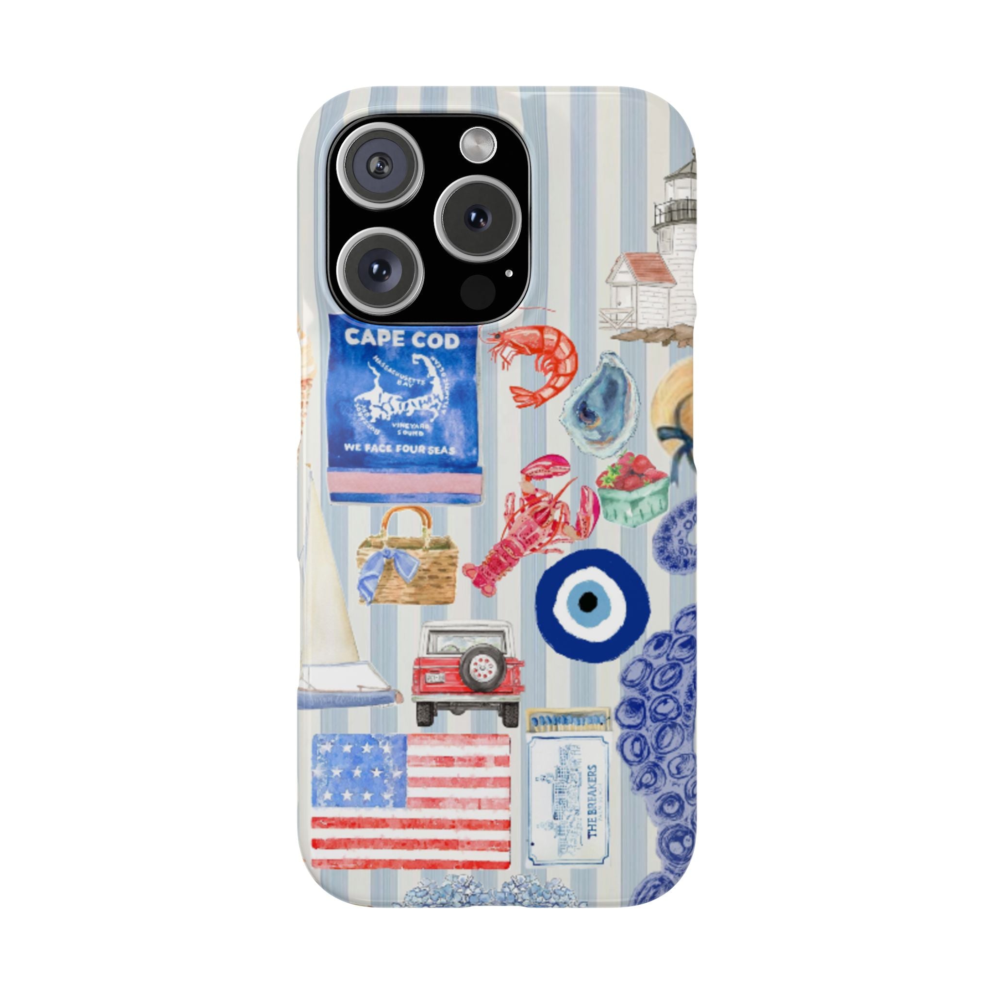 Cape Cod Slim Phone Case - Watercolor Collage Design, American Flag, Lobster Claws, Beach Scene, Nautical Theme, Nantucket Style Hat, Dark