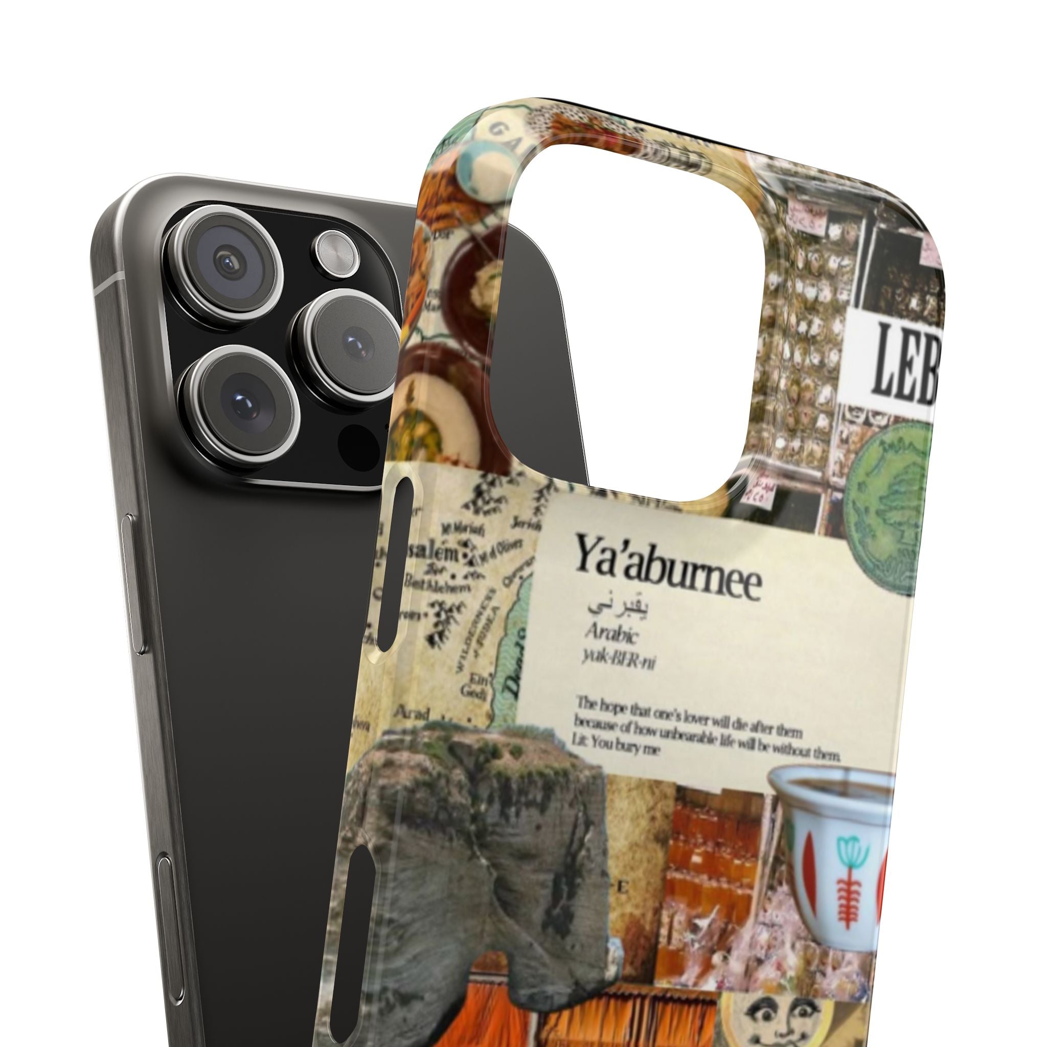 Beirut Lebanon Moodboard Slim Phone Case, Lebanese Map Coffee Cup Fairouz Tabboule Movie Poster, Ya'aburnee Design, Gift for Beirut Lovers,