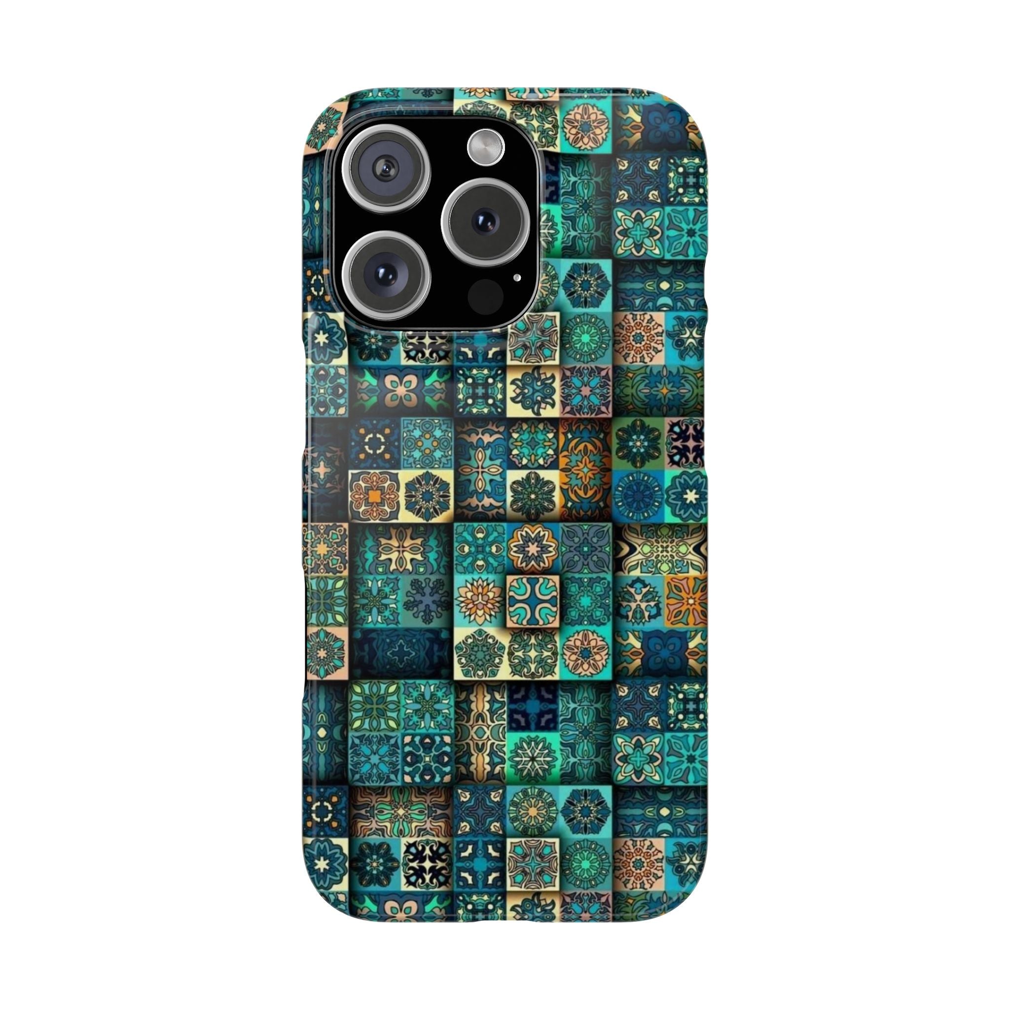 Bohemian Tile Slim Phone Case, Seamless Patchwork Pattern in Blue, Teal & Gold, High-Definition Ornate Design Cover