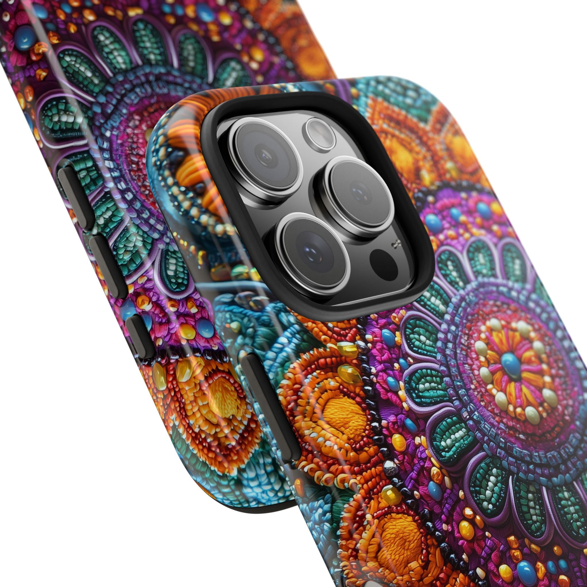 Phone Case - Vibrant Mandala Pattern, Dots, Circles, Hippie Pearls, Orange, Teal, Blue Colors