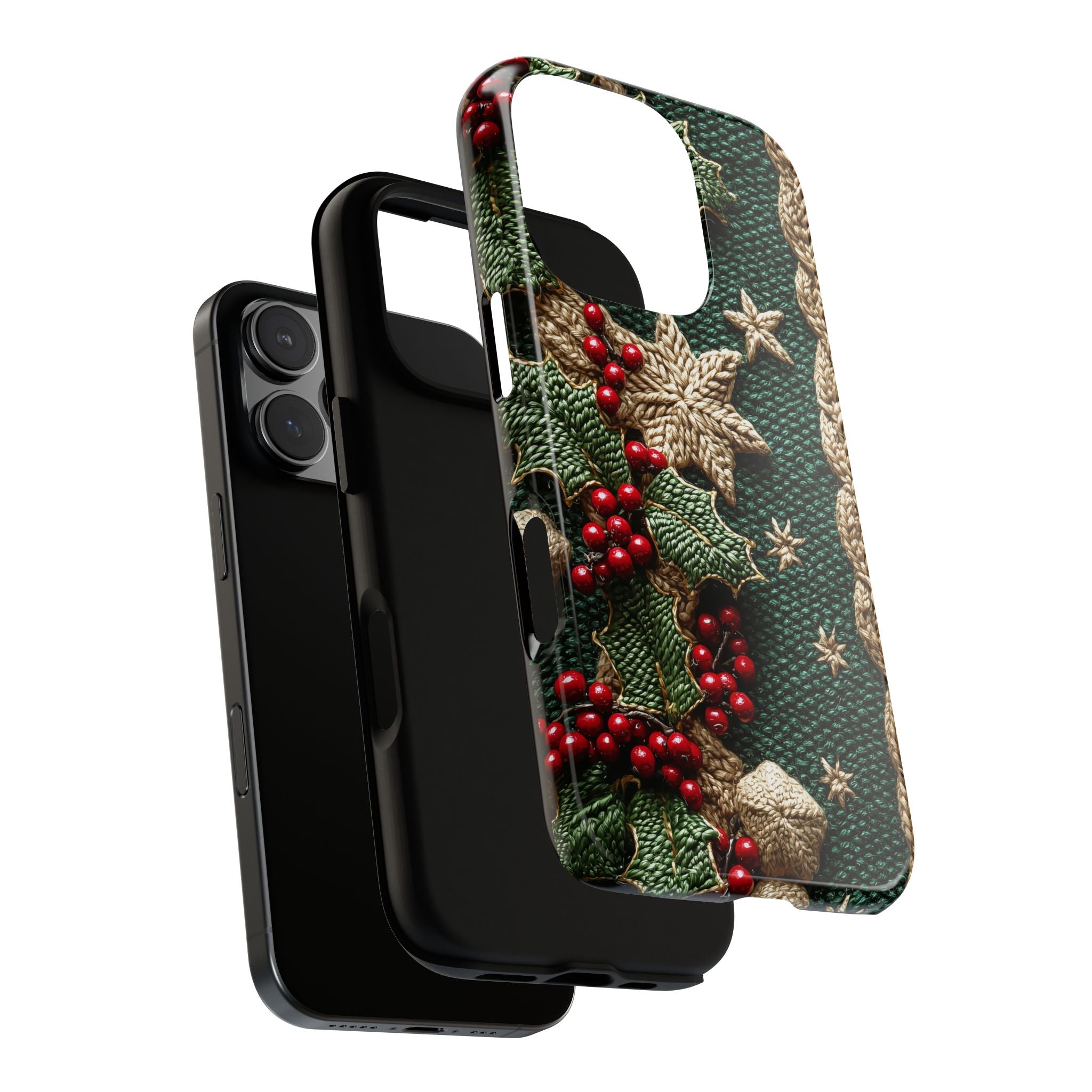 Phone Case Christmas Knit Pattern, Holiday Holly Snowflake Star Garland Tough Cases, Red Green Beige, Close-Up Knitted Design