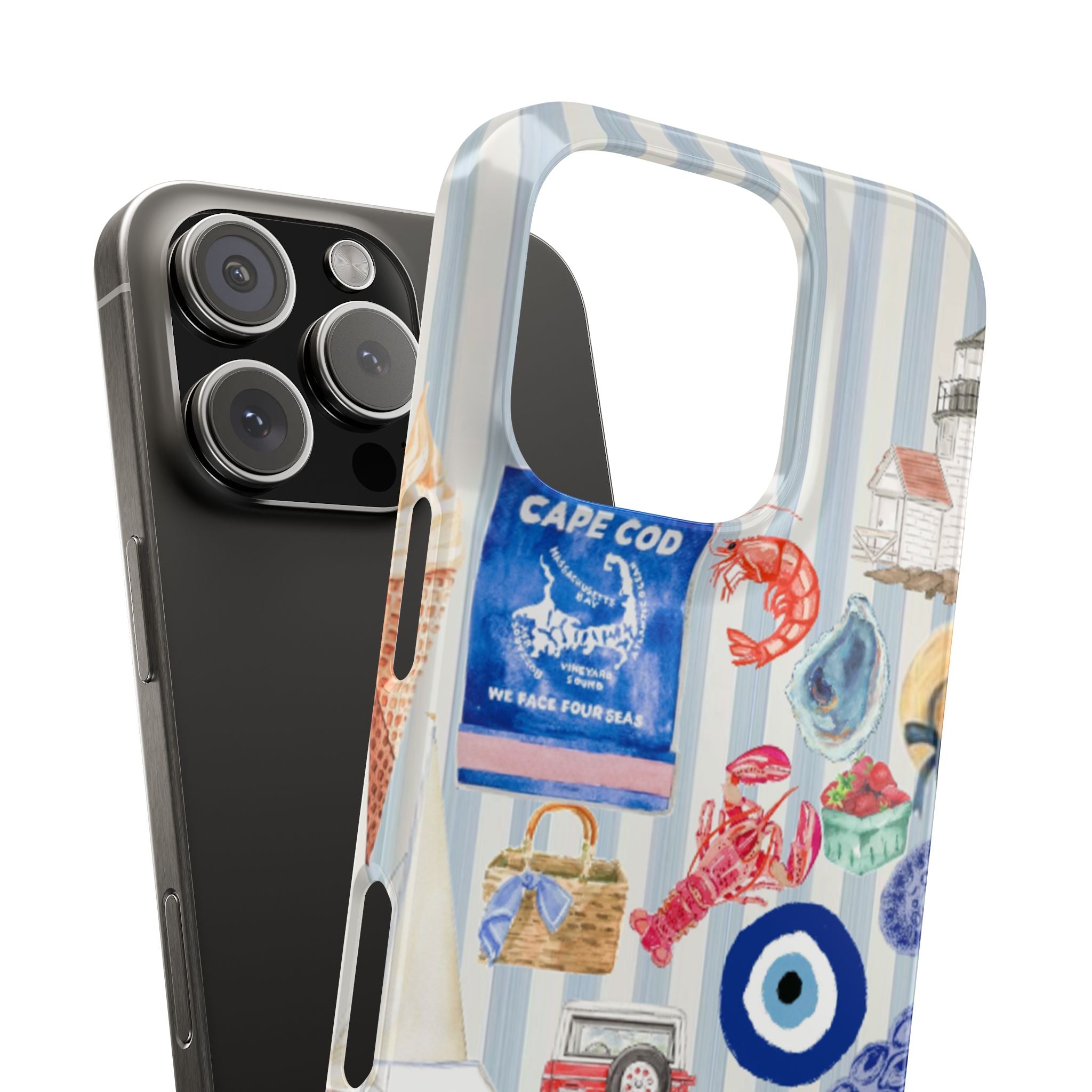 Cape Cod Slim Phone Case - Watercolor Collage Design, American Flag, Lobster Claws, Beach Scene, Nautical Theme, Nantucket Style Hat, Dark