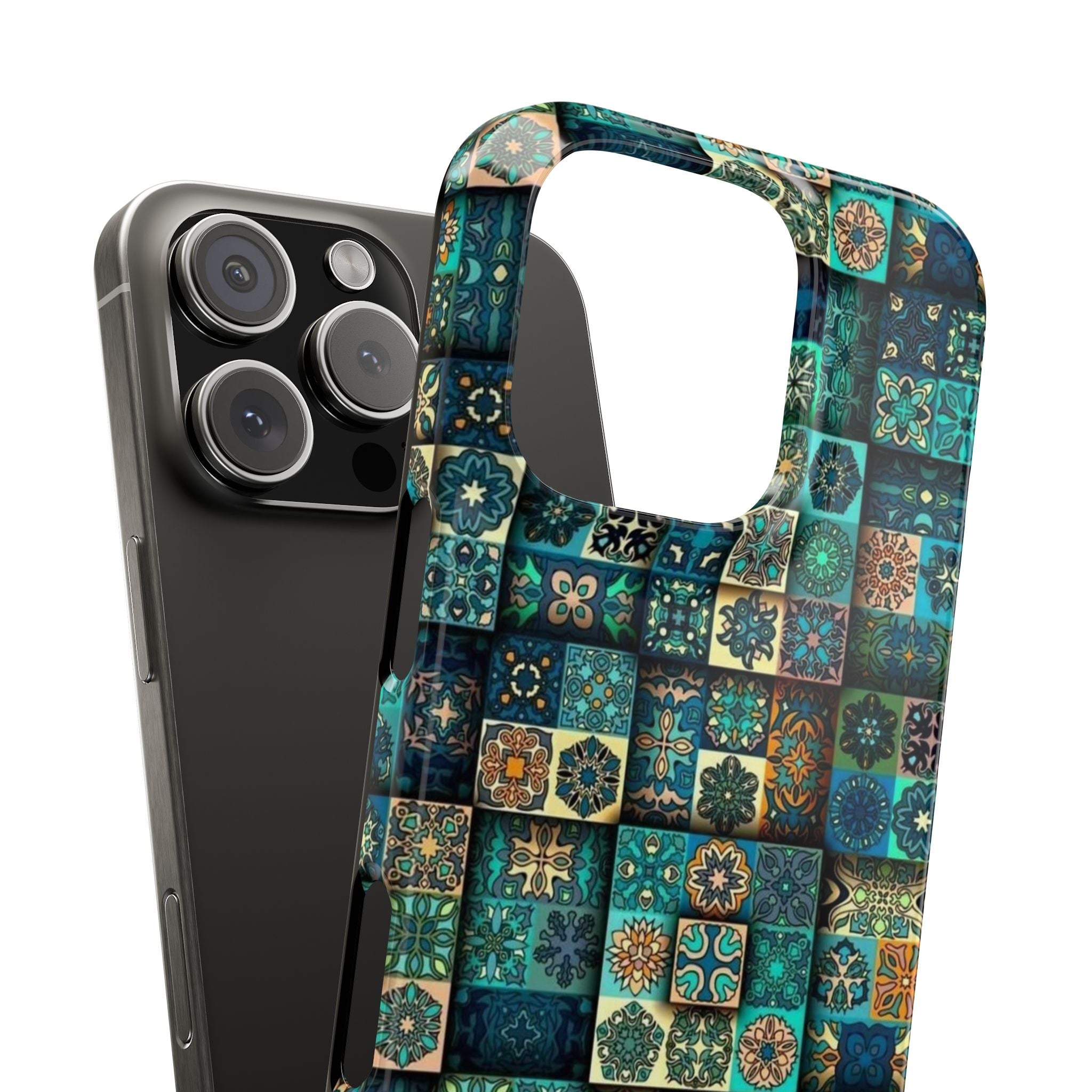 Bohemian Tile Slim Phone Case, Seamless Patchwork Pattern in Blue, Teal & Gold, High-Definition Ornate Design Cover