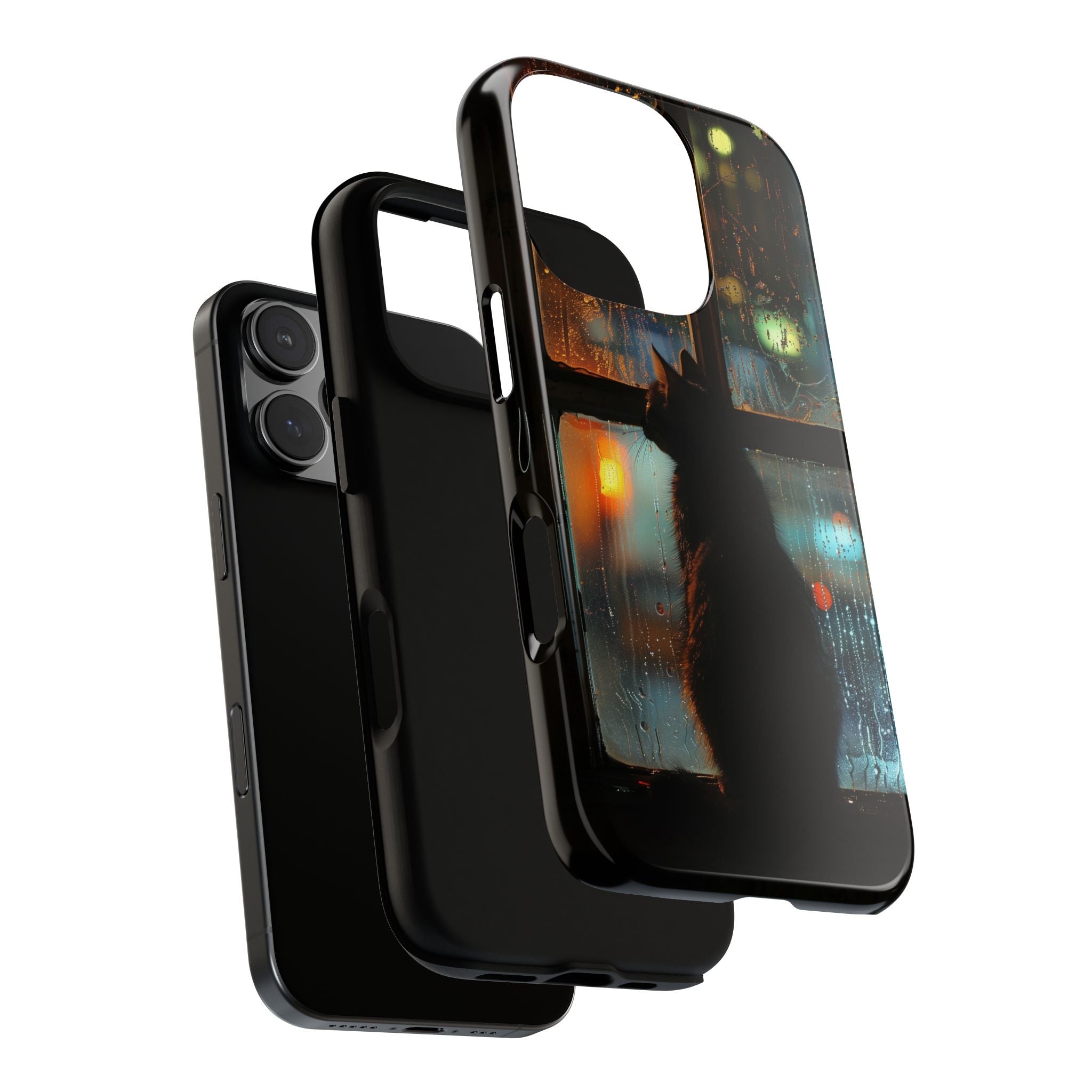 Phone Case, Cat on Windowsill City Night Silhouette Xmas Time, Tough Cover, Protective Case, Holiday Gift, Christmas Present
