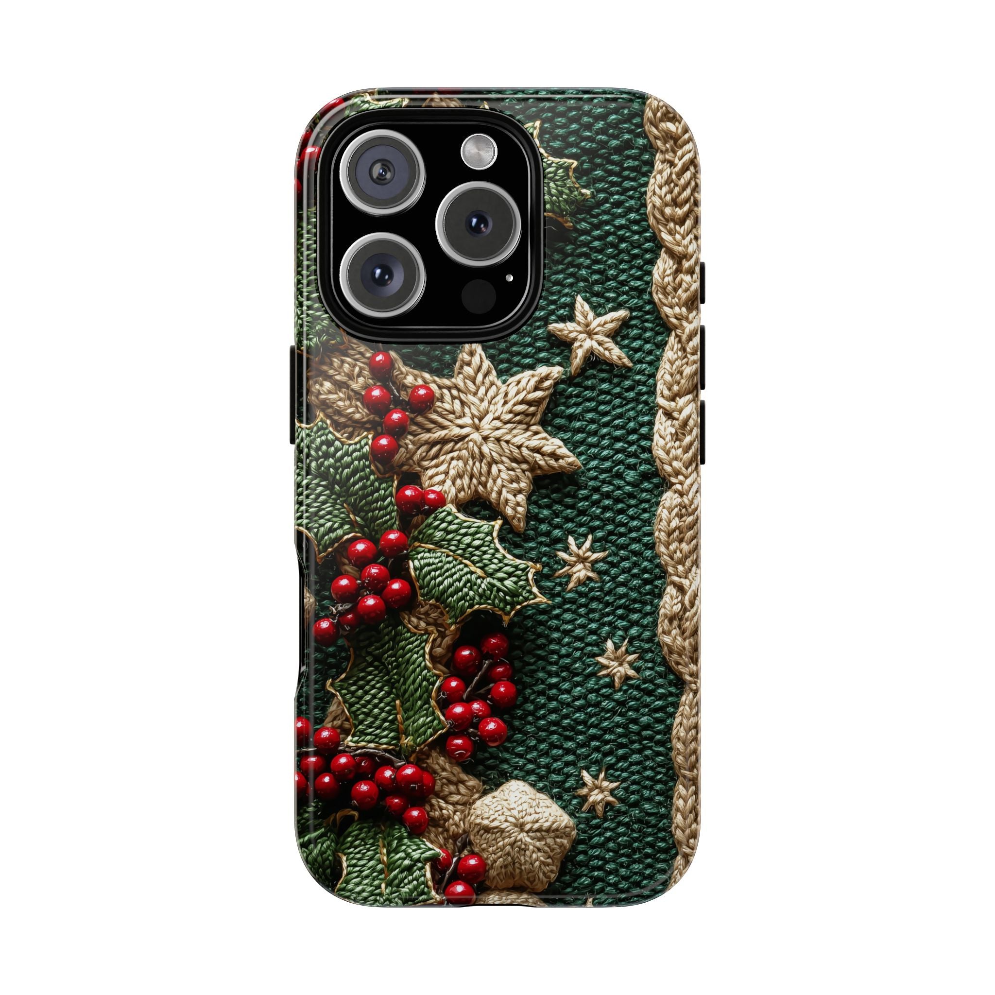 Phone Case Christmas Knit Pattern, Holiday Holly Snowflake Star Garland Tough Cases, Red Green Beige, Close-Up Knitted Design