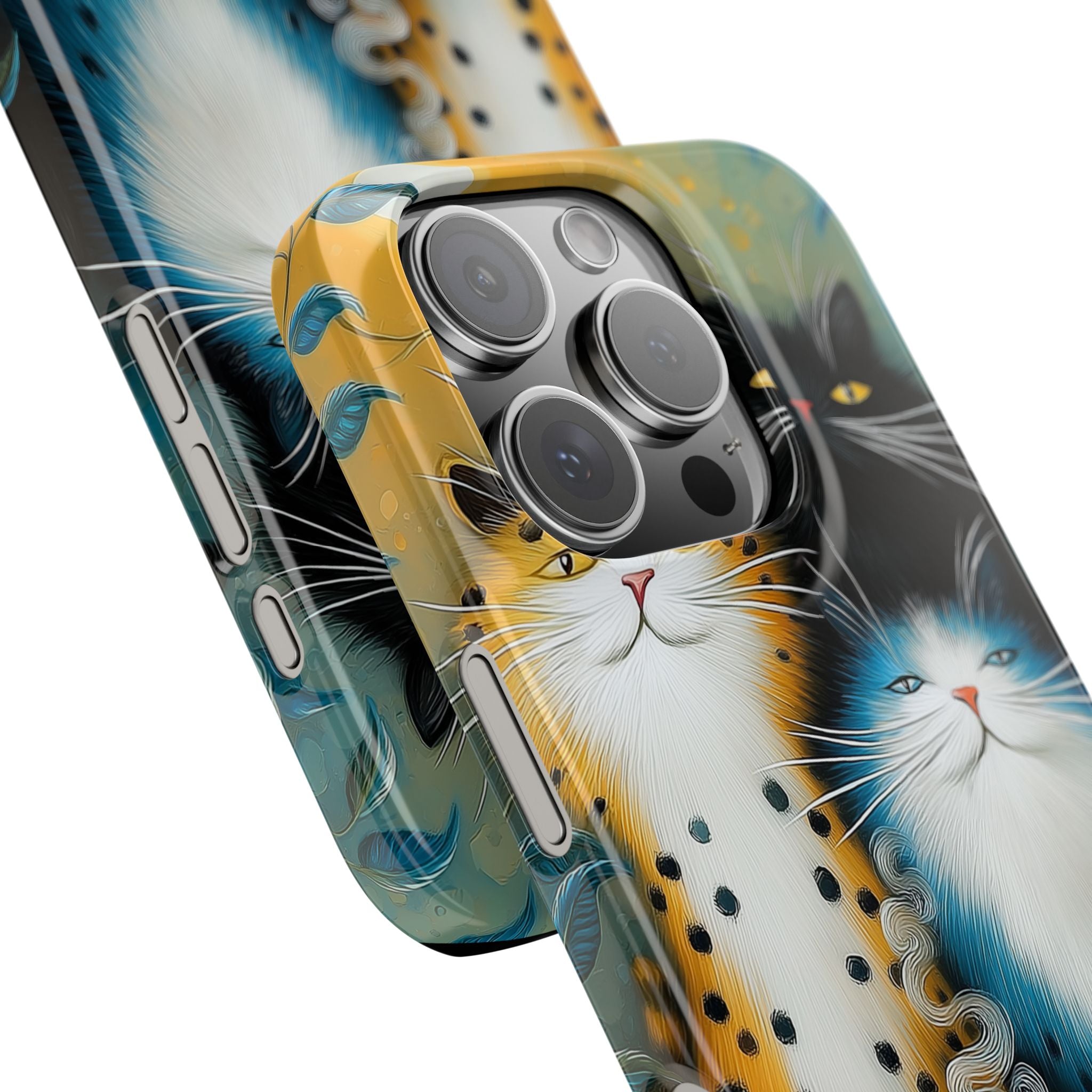 Cat Trio Coffee Break Slim Phone Case, Yellow Blue Floral Cat Lover Gift, Cute Cat Phone Cover, Coffee Lover Phone Case