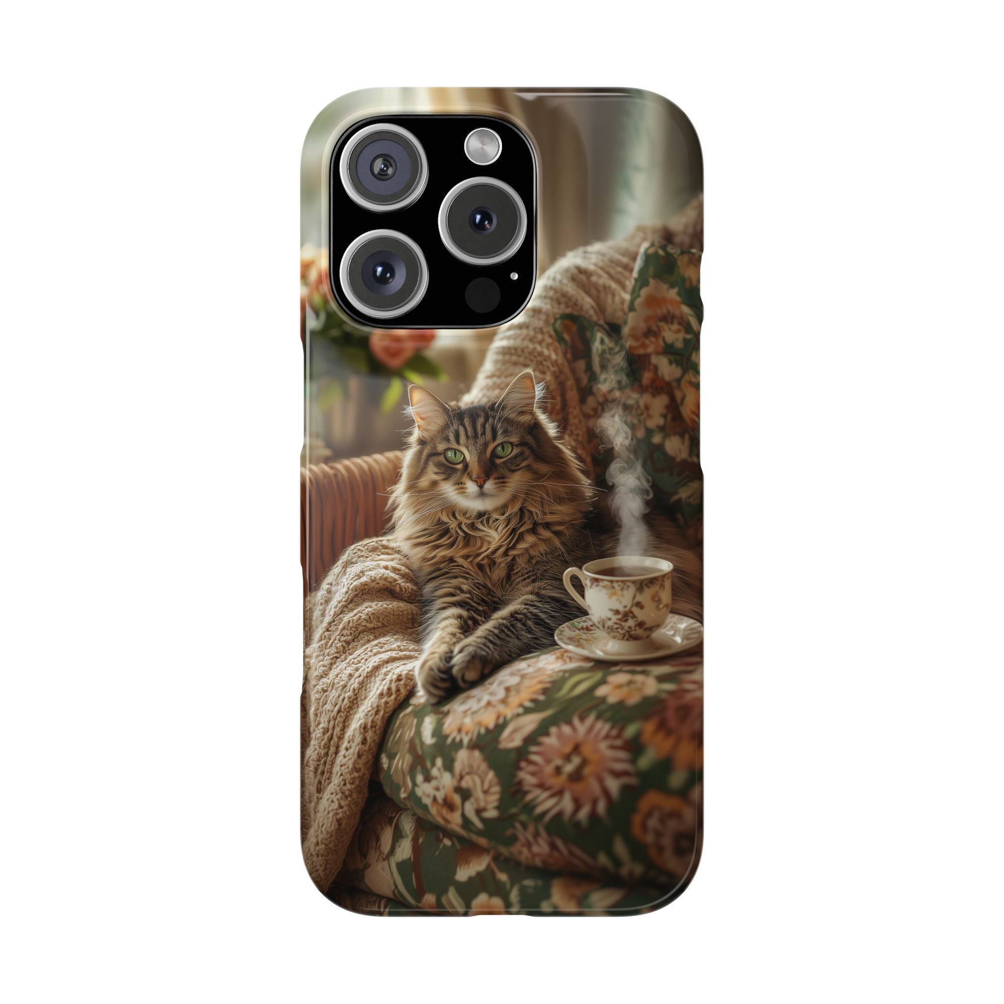 Tabby Cat Slim Phone Case, Vintage Floral Sofa Design, Cozy Cottage Interior Phone Cover, Green Eyed Cat, Rustic Home Decor, Knitted Throw