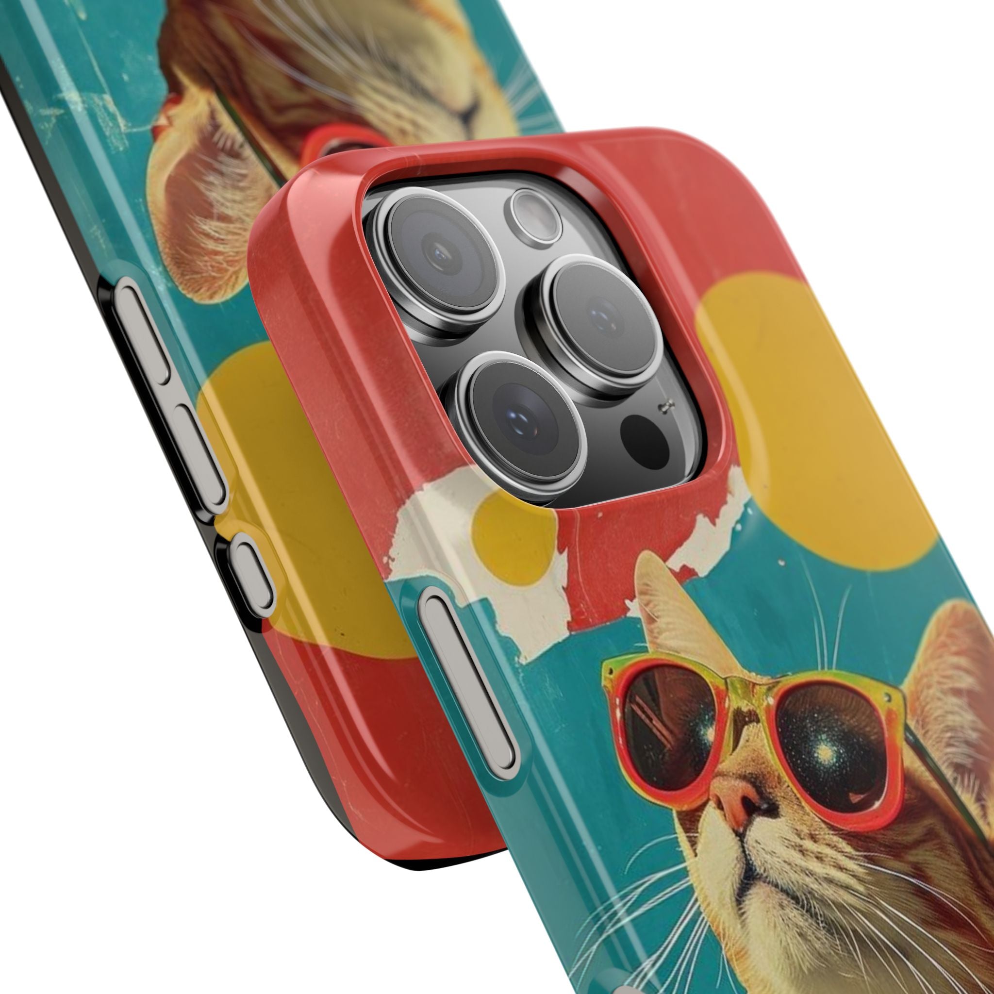 Retro Cat Slim Phone Case, Sunglasses & Floral Shirt Design, Vintage Poster Style with Vibrant Colors and Sun Background