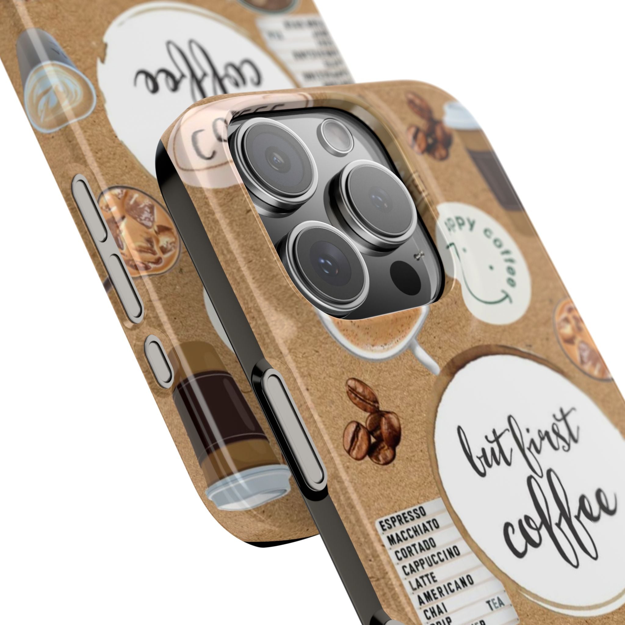 But First, Coffee Slim Phone Case, Espresso and Cappuccino Collage Design, Hand-Drawn Bean Illustrations on Beige Background