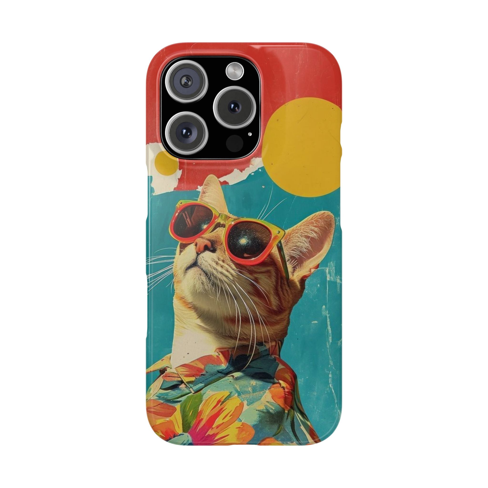 Retro Cat Slim Phone Case, Sunglasses & Floral Shirt Design, Vintage Poster Style with Vibrant Colors and Sun Background