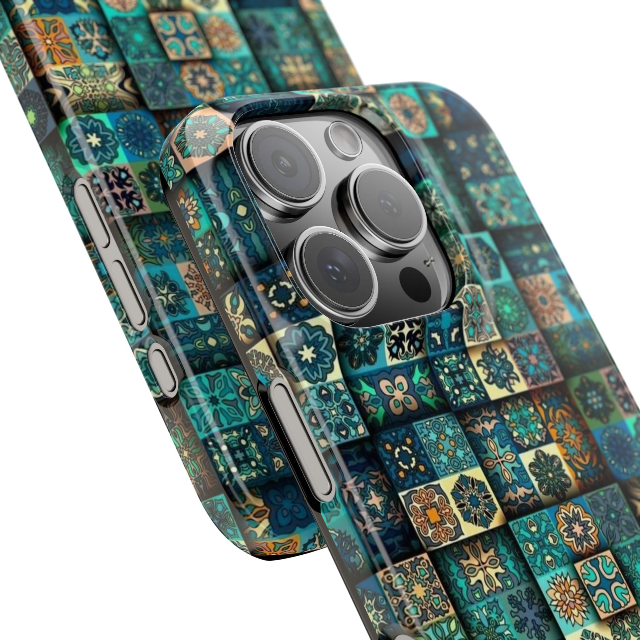 Bohemian Tile Slim Phone Case, Seamless Patchwork Pattern in Blue, Teal & Gold, High-Definition Ornate Design Cover
