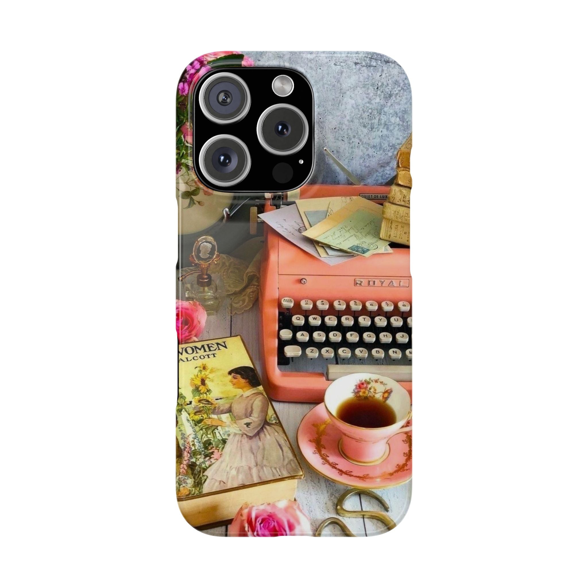 Vintage Typewriter Coffee Book Slim Phone Case, Retro Writers Gift, Literary Phone Cover, Minimalist Phone Accessory, Book Lover Gift,