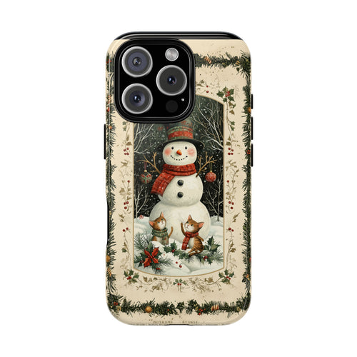 A Vintage Snowman with 2 kittens, Tough Phone Case, iPhone 16, Samsung Galaxy, and Google Pixel