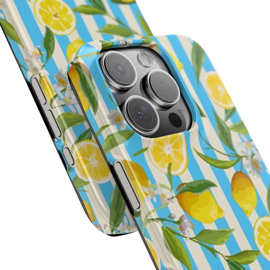 Phone Case, Lemon and Blue Stripes, Retro Summer Wallpaper Pattern, Slim Fit, Protective, Trendy, Unique, Citrus Fruit, Fresh, Yellow,