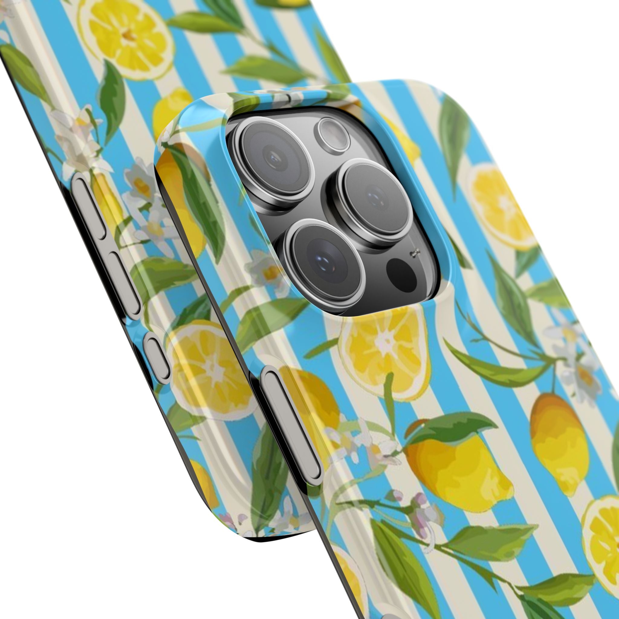 Phone Case, Lemon and Blue Stripes, Retro Summer Wallpaper Pattern, Slim Fit, Protective, Trendy, Unique, Citrus Fruit, Fresh, Yellow,