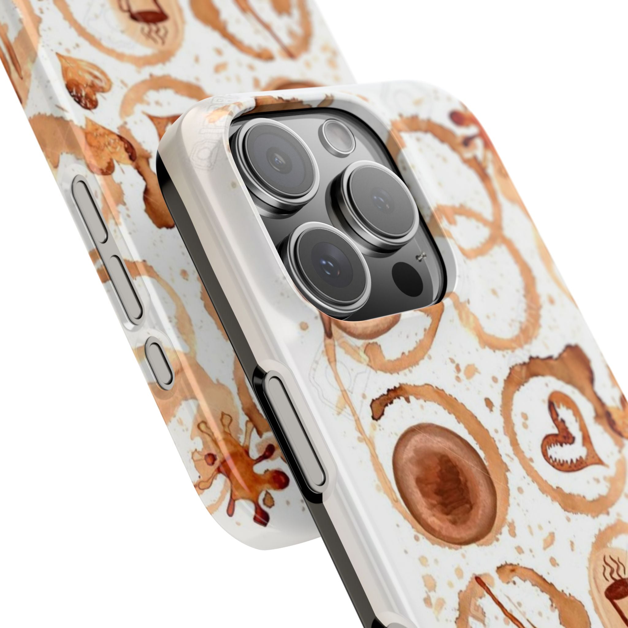 Coffee Stain Slim Phone Cases, Brown Stain Patterns, Circles, Hearts, Artistic Design, Lines, Splashes, White Background, Unique Phone Case,