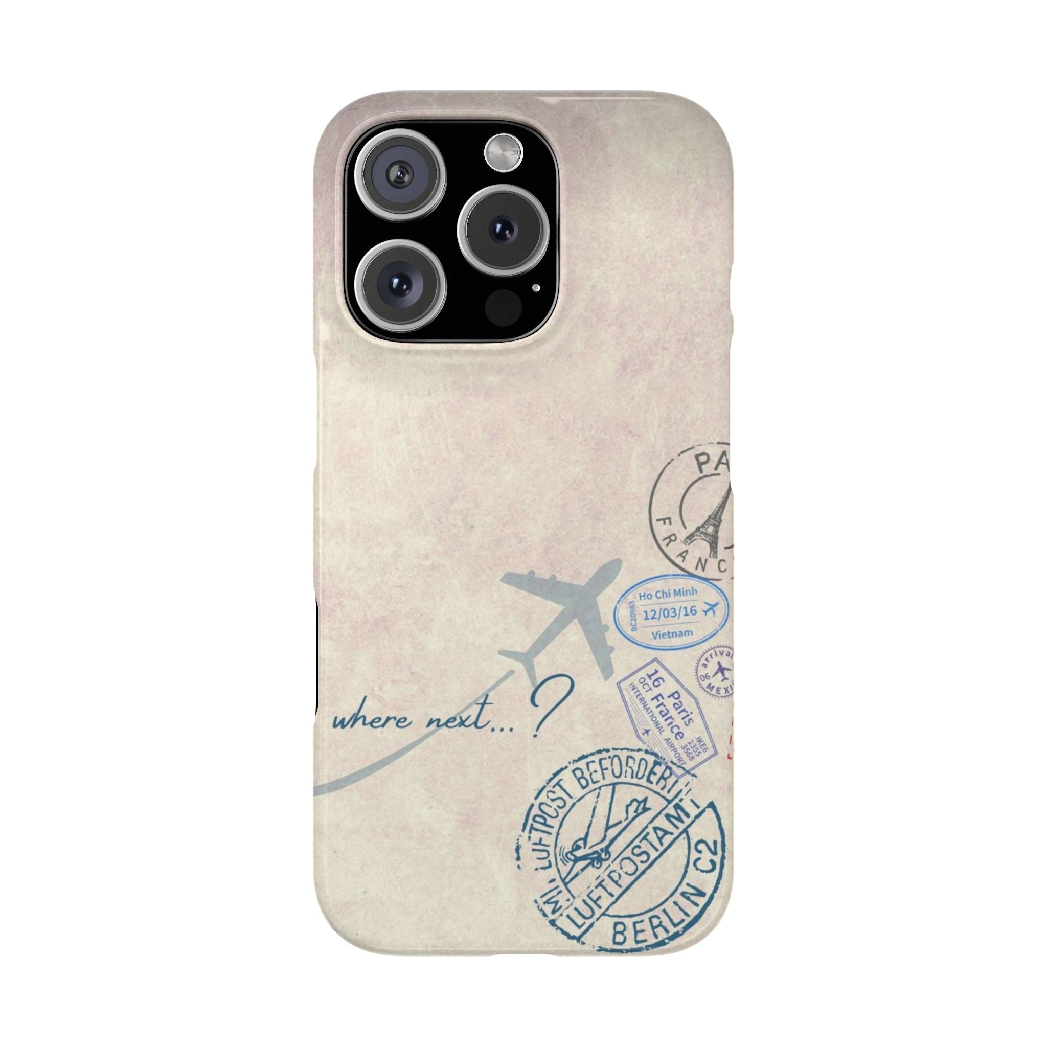 Vintage Travel Airplane Slim Phone Case, Minimalistic Pastel Colors, Paris Berlin Stamps, Travel Notebook Design, Light Background