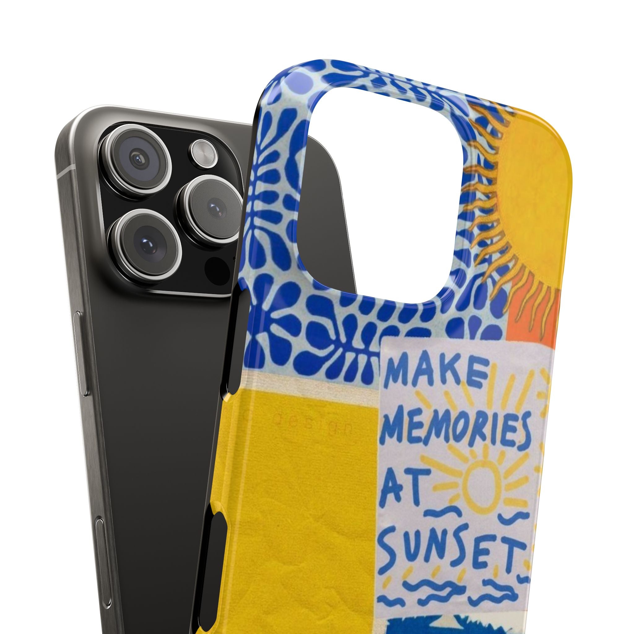 Slim Phone Cases - Colorful Summer Sunset Design, Make Memories at Sunset, Matisse Style Print, Yellow Blue White Orange, Phone Accessories,