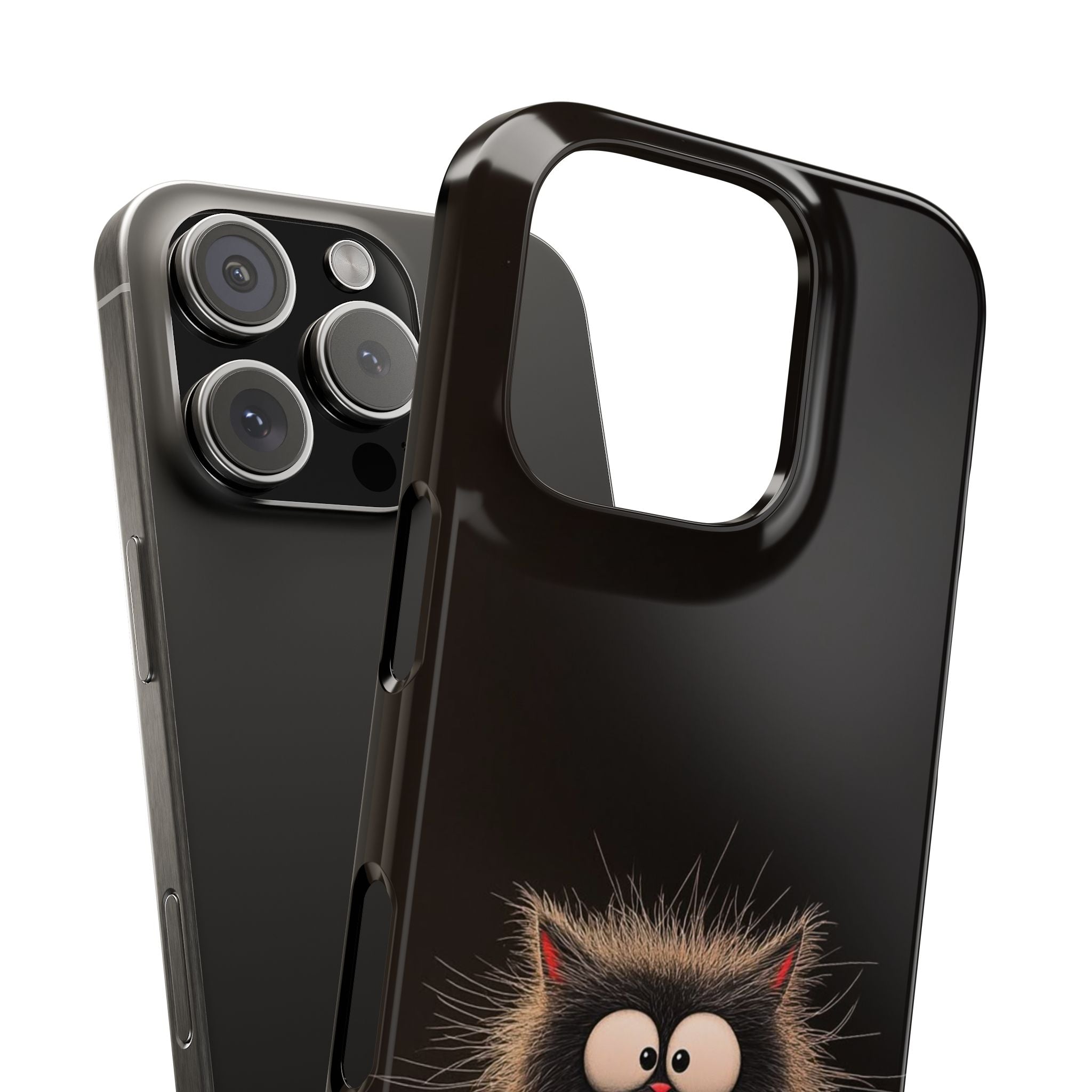 Funny Cat Coffee Slim Phone Case, Minimalist Cartoon Style on Black Background, High-Definition Fluffy Feline Design
