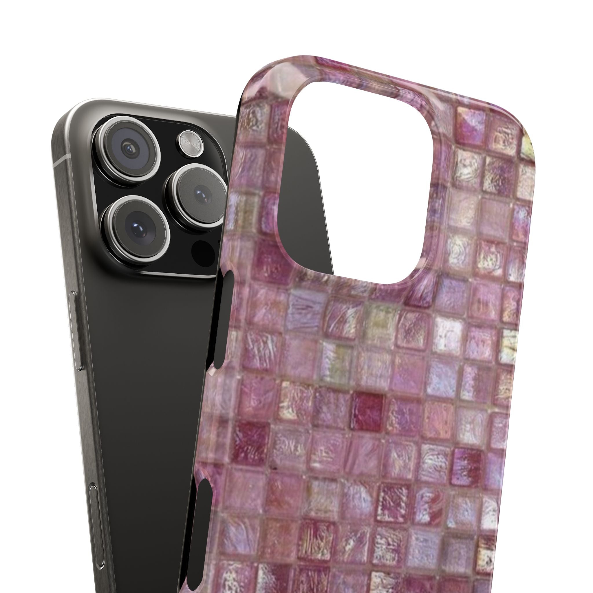 Rose Pink Mosaic Slim Phone Case, Iridescent Glass Pattern Design, High-Definition Textured Elegance, Soft Gold Accent Cover