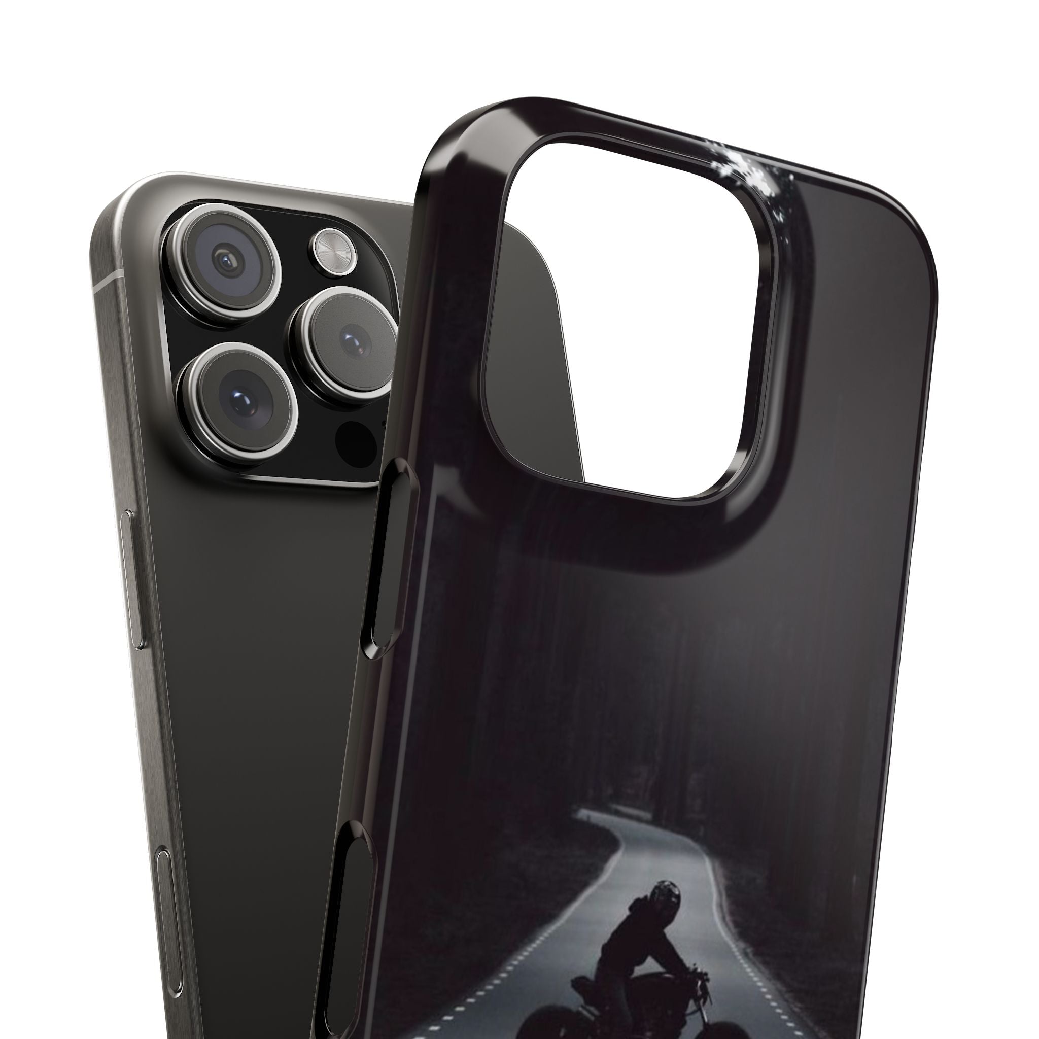 Motorcycle Rider Slim Phone Case, Minimalist Black & Gray Tones, Dark Forest Photography, Bike Lover Gift, Protective Cover for Phone