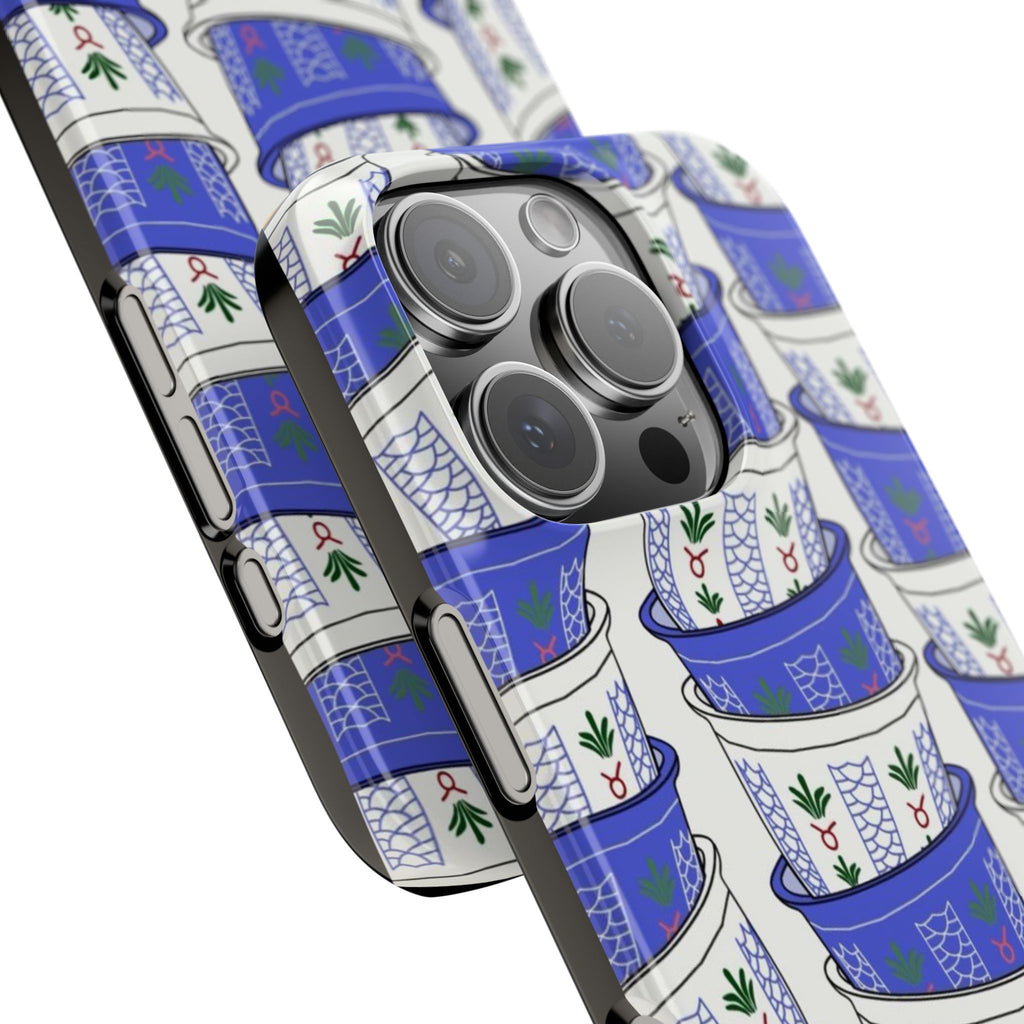 Lebanese Coffee Cups Phone Case, Blue & White Pattern, Slim Phone Case Sleeve, Traditional Lebanon Cardamon Coffee Cup Design