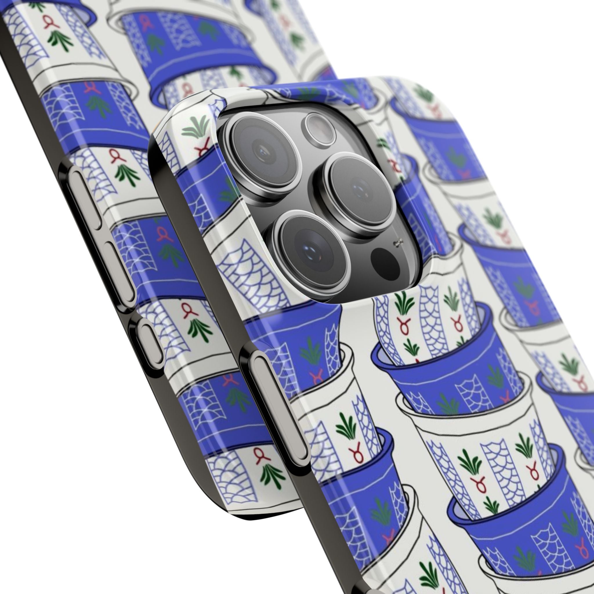 Lebanese Coffee Cups Phone Case, Blue & White Pattern, Slim Phone Case Sleeve, Traditional Lebanon Cardamon Coffee Cup Design