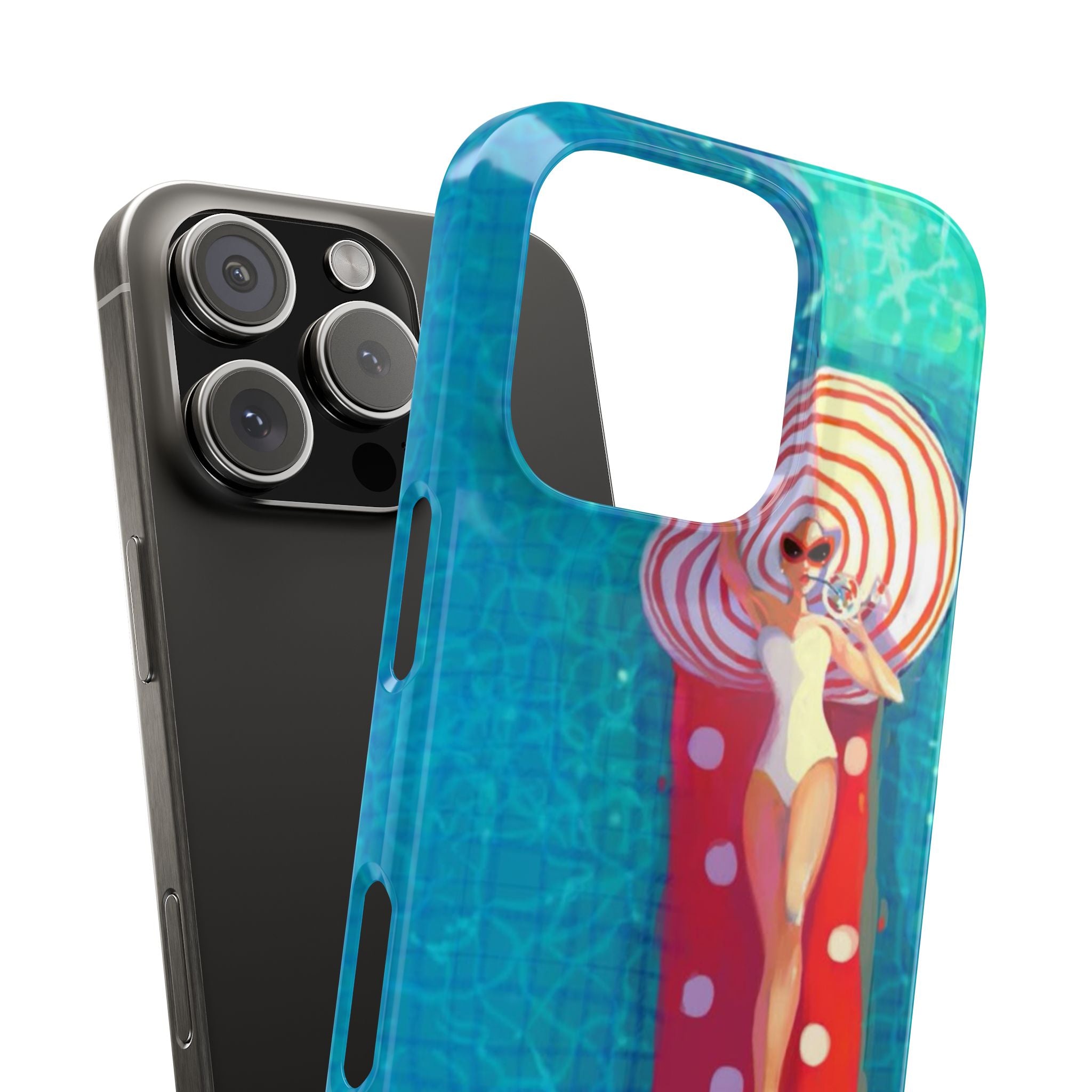 Sunbathing Woman Slim Phone Case, Summer Pool Floating Bed Design, Sunglasses Beach Hat Illustration, Red White Turquoise, Vibrant Colors,