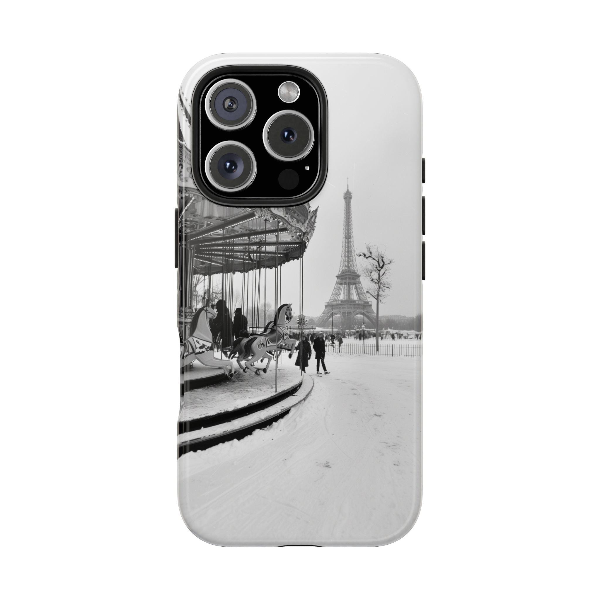 Snowy Paris Phone Case, Caroussel and Eiffel Tower