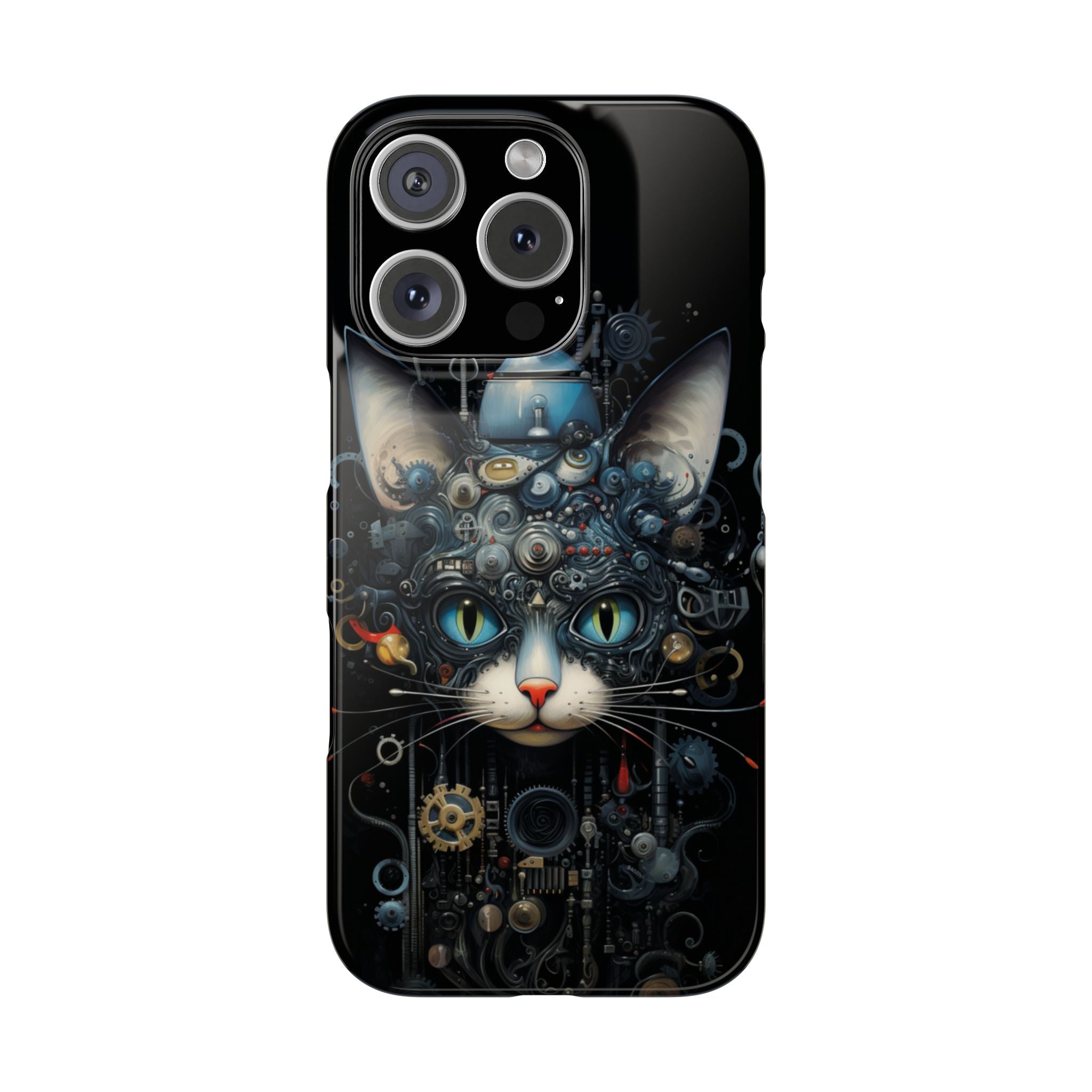 Clockpunk Cat: Mechanical Feline Marvel iPhone Slim Case, blend of art and mechanics, avant-garde iPhone case
