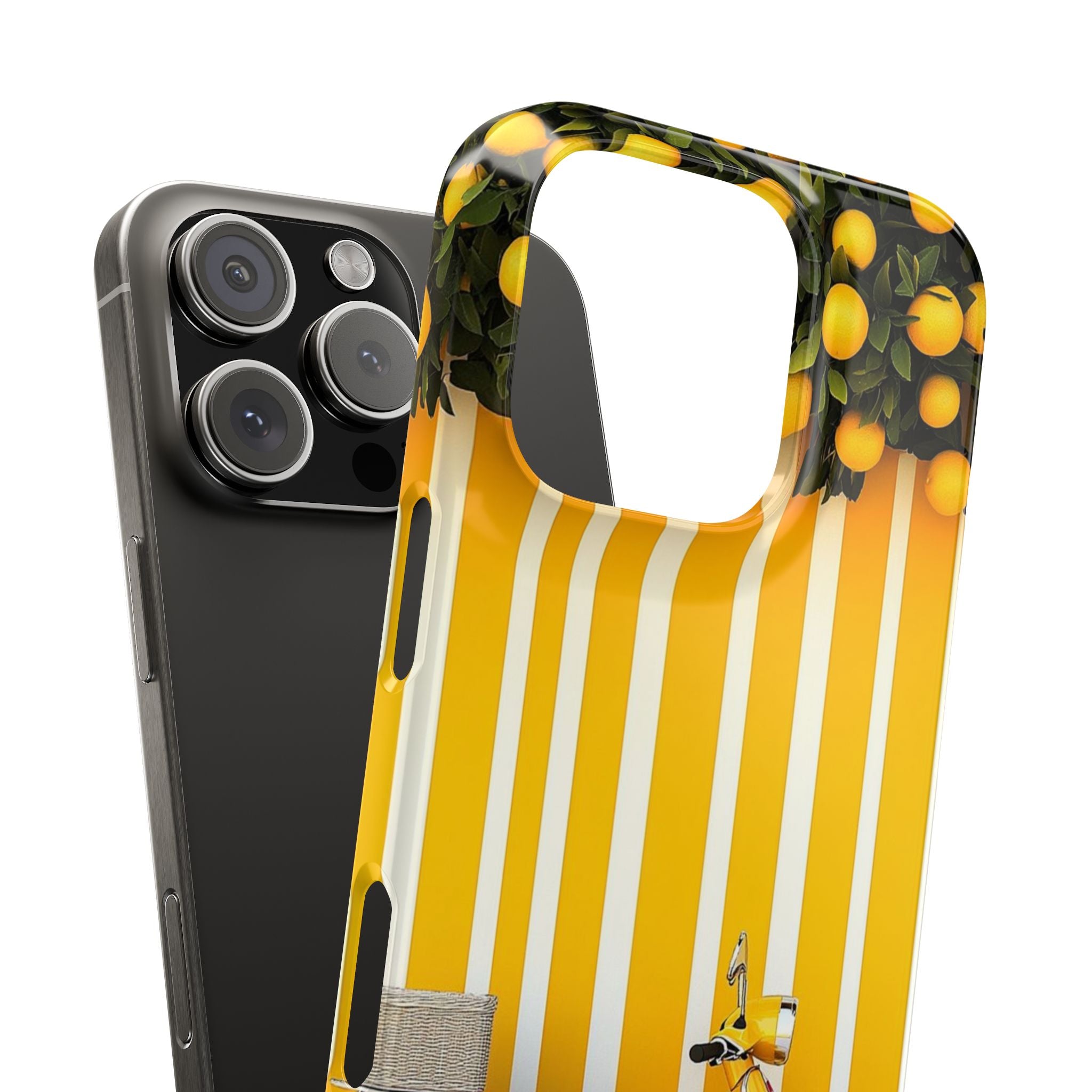 Phone Cases - Lemon Tree and Scooter Design - Yellow and White Striped Background