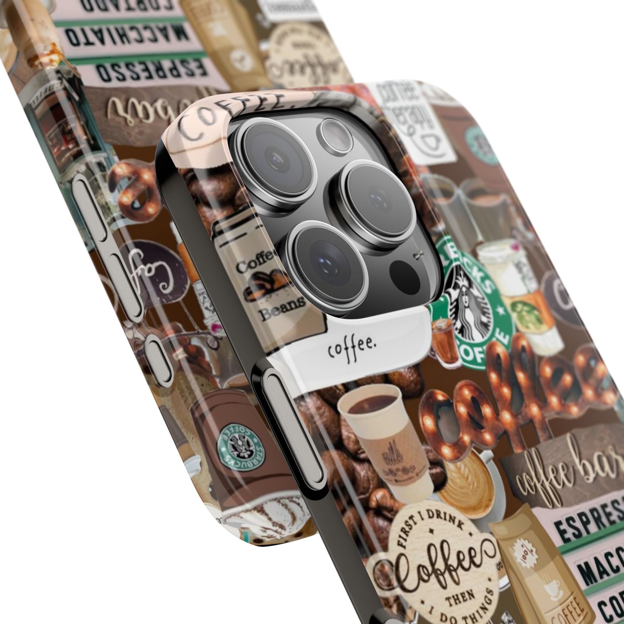 Coffee Bar Collage Slim Phone Case, Espresso & Latte Icons, Brown Tones with Sticker Style Graphics, High-Definition Design