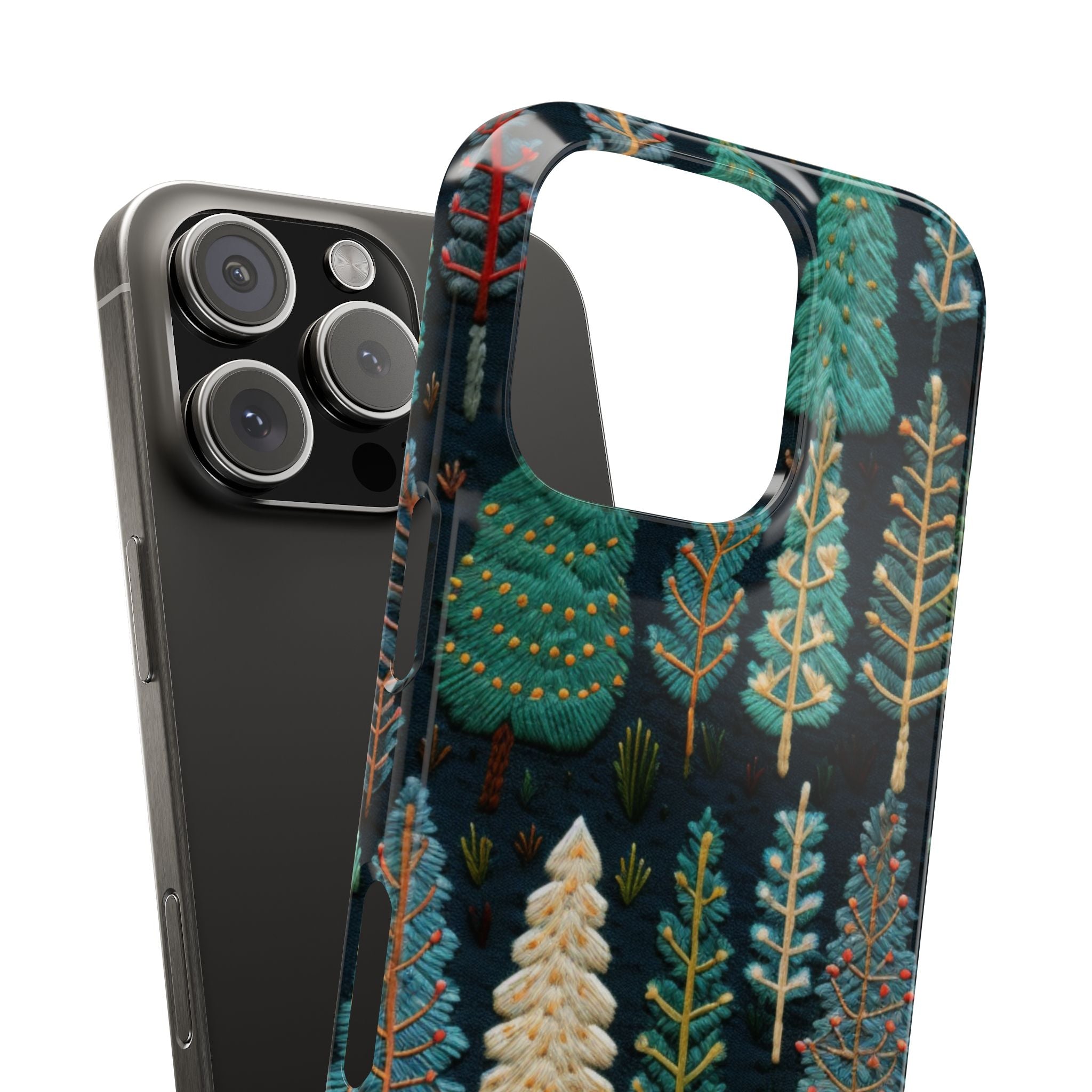 The "New Year Embroidery Bliss", slim iPhone case with embroided Christmas Trees, Enchanting Holidays, iPhone cover