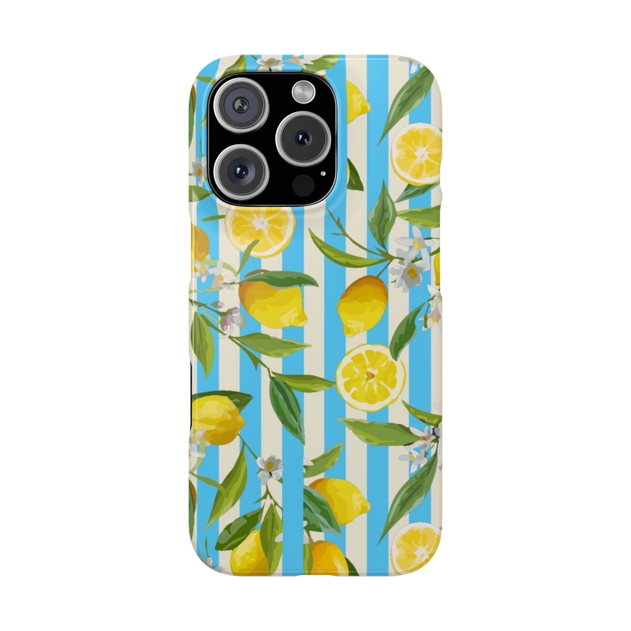 Phone Case, Lemon and Blue Stripes, Retro Summer Wallpaper Pattern, Slim Fit, Protective, Trendy, Unique, Citrus Fruit, Fresh, Yellow,