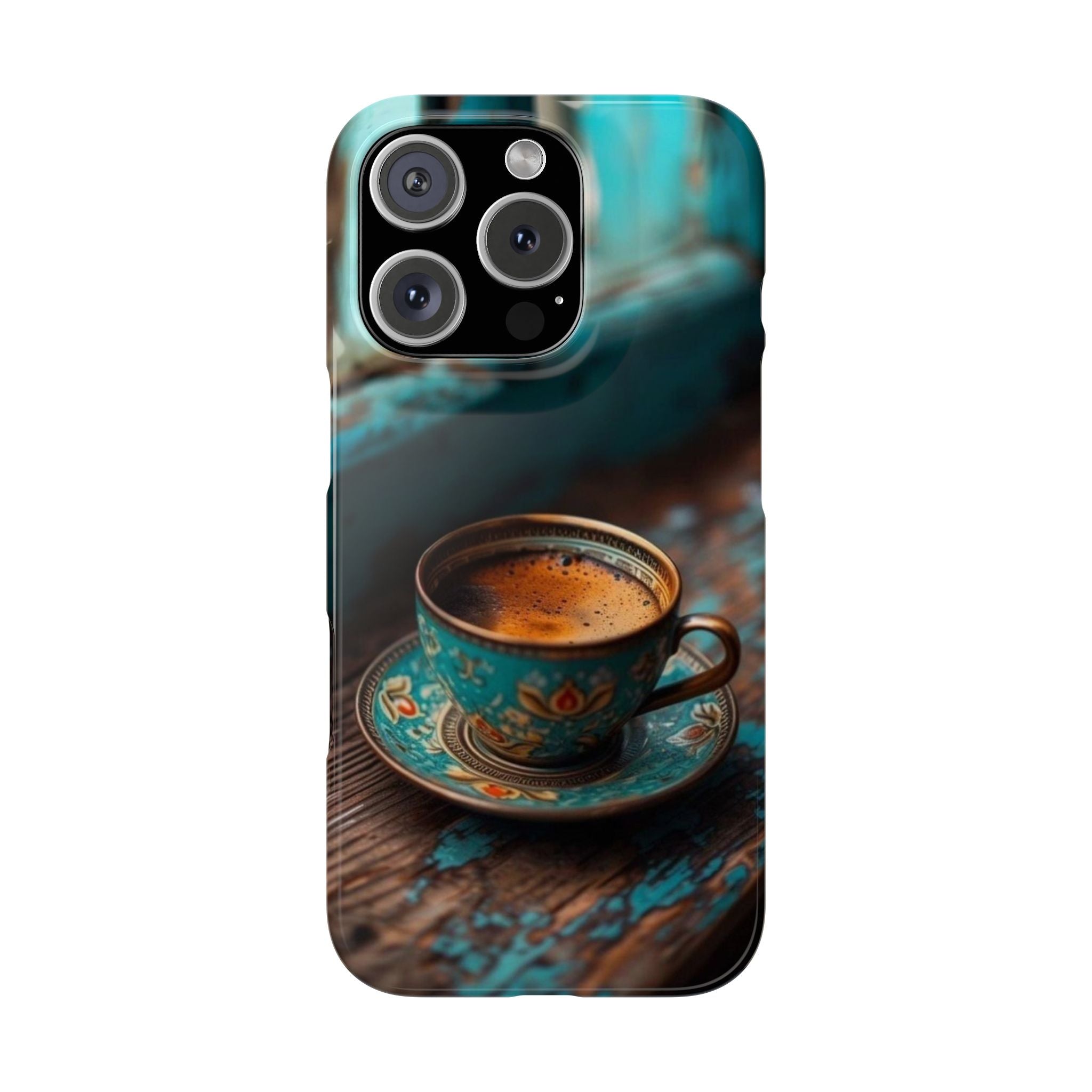 Turquoise Coffee Cup Slim Phone Case, Coffee Lover Gift, Wooden Window Phone Cover, Minimalist Phone Shell, Gifts for Her, Protective Case